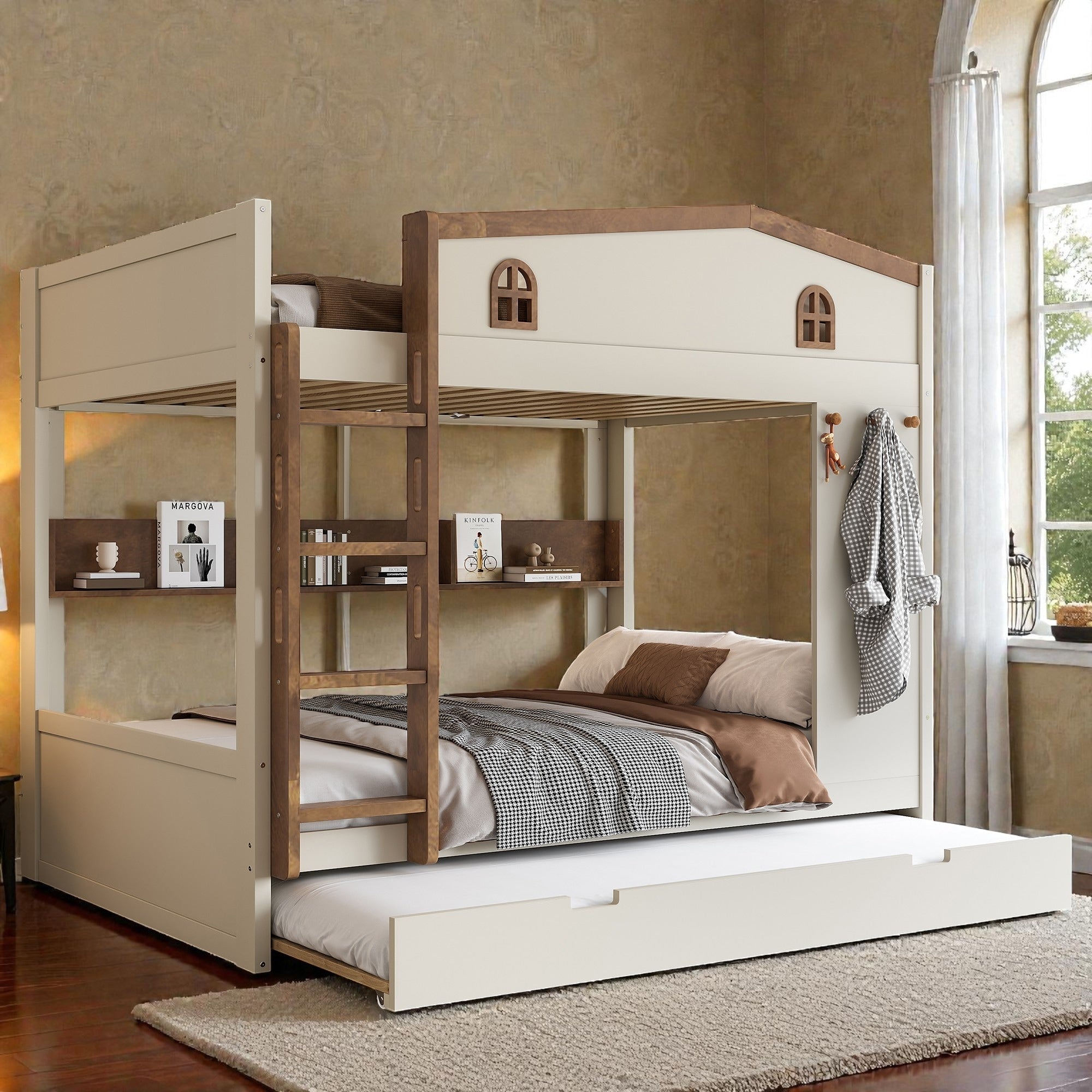 Solid Wood Bunk Bed With Trundle And Storage Shelves Full Over Full Queen Over Queen Bunk Bed With Hooks
