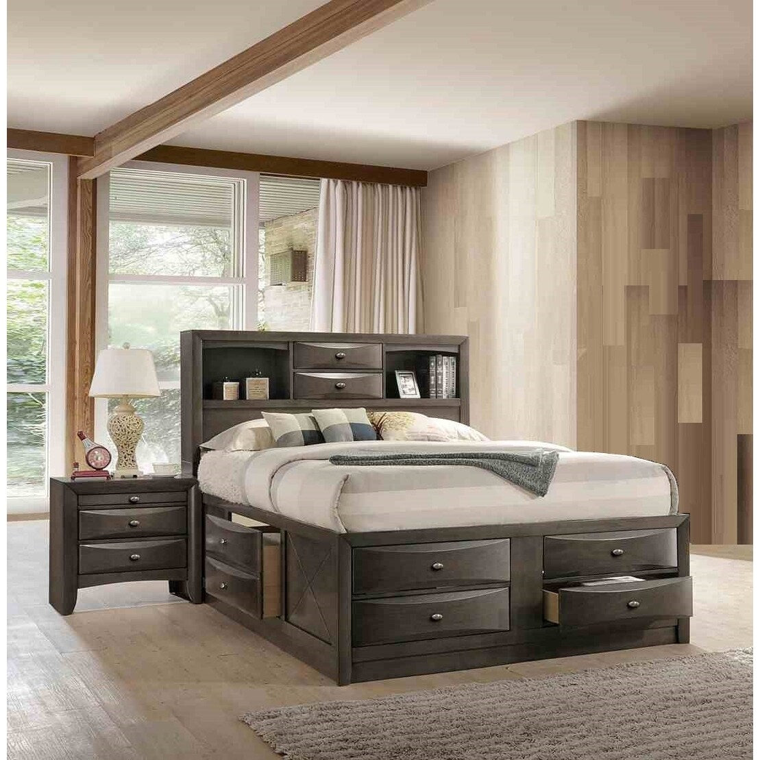 Solid Wood Captain Bed 3Pc Bedroom Furniture Set Gray Finish