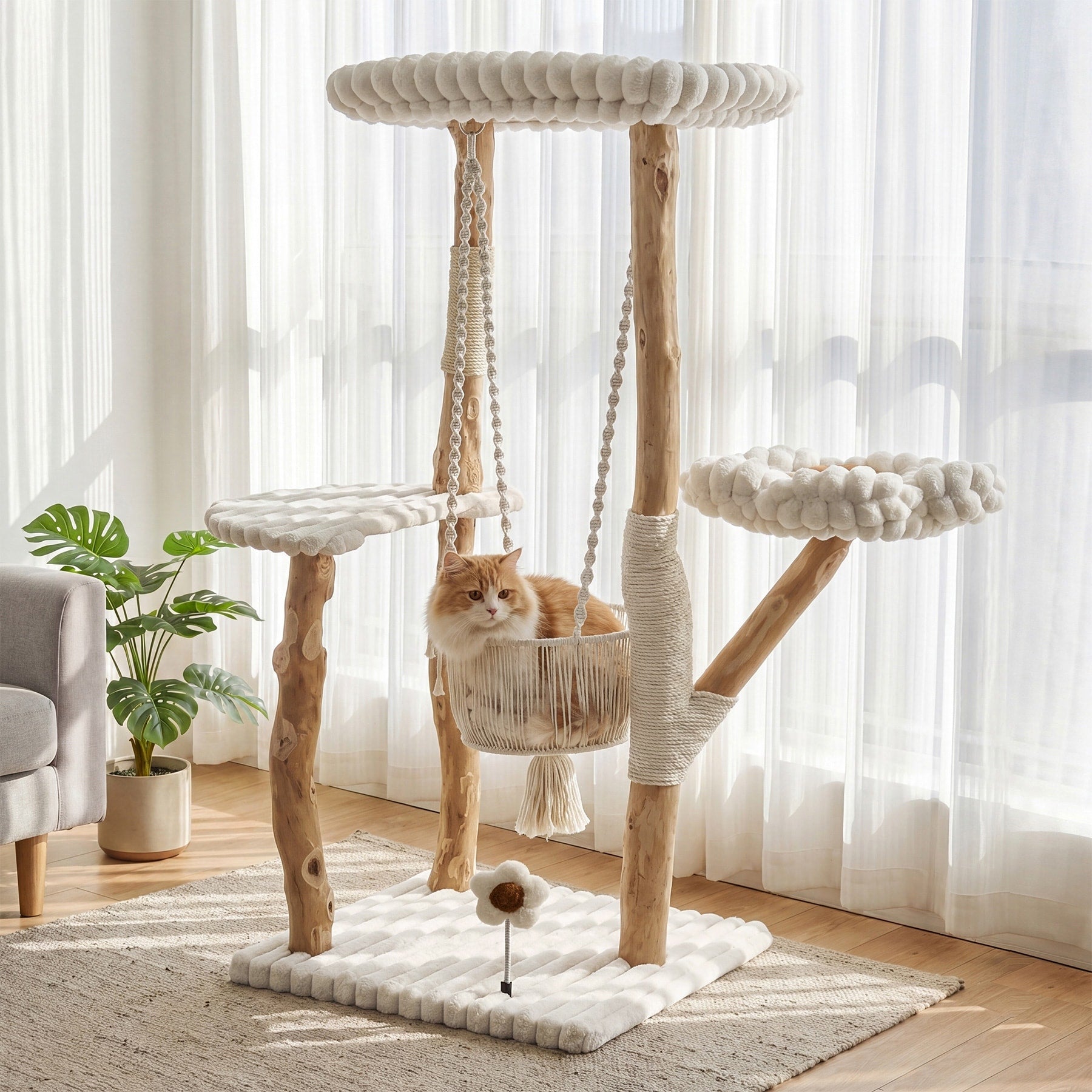 Solid Wood Cat Tree With Scratching Posts Swinging Basket Washable Cushion