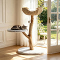 Solid Wood Cat Tree Boho Cat Tower With Cat Ear Wicker Basket Bed