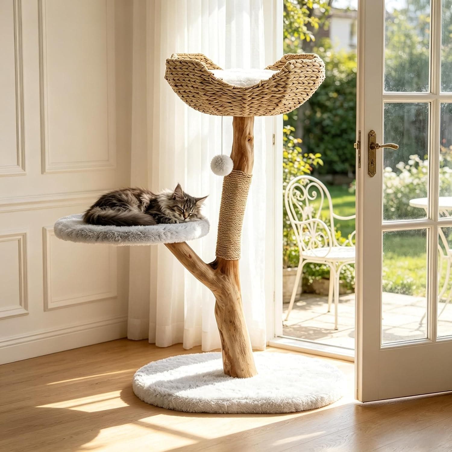 Solid Wood Cat Tree Boho Cat Tower With Cat Ear Wicker Basket Bed