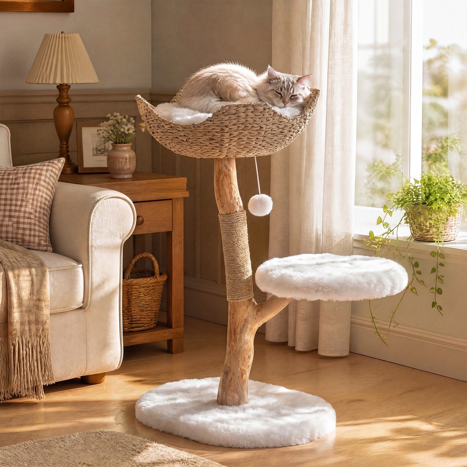 Solid Wood Cat Tree Boho Cat Tower With Wicker Basket Cat Bed Cat Ear Perch Scratching Post Indoor Cat Furniture