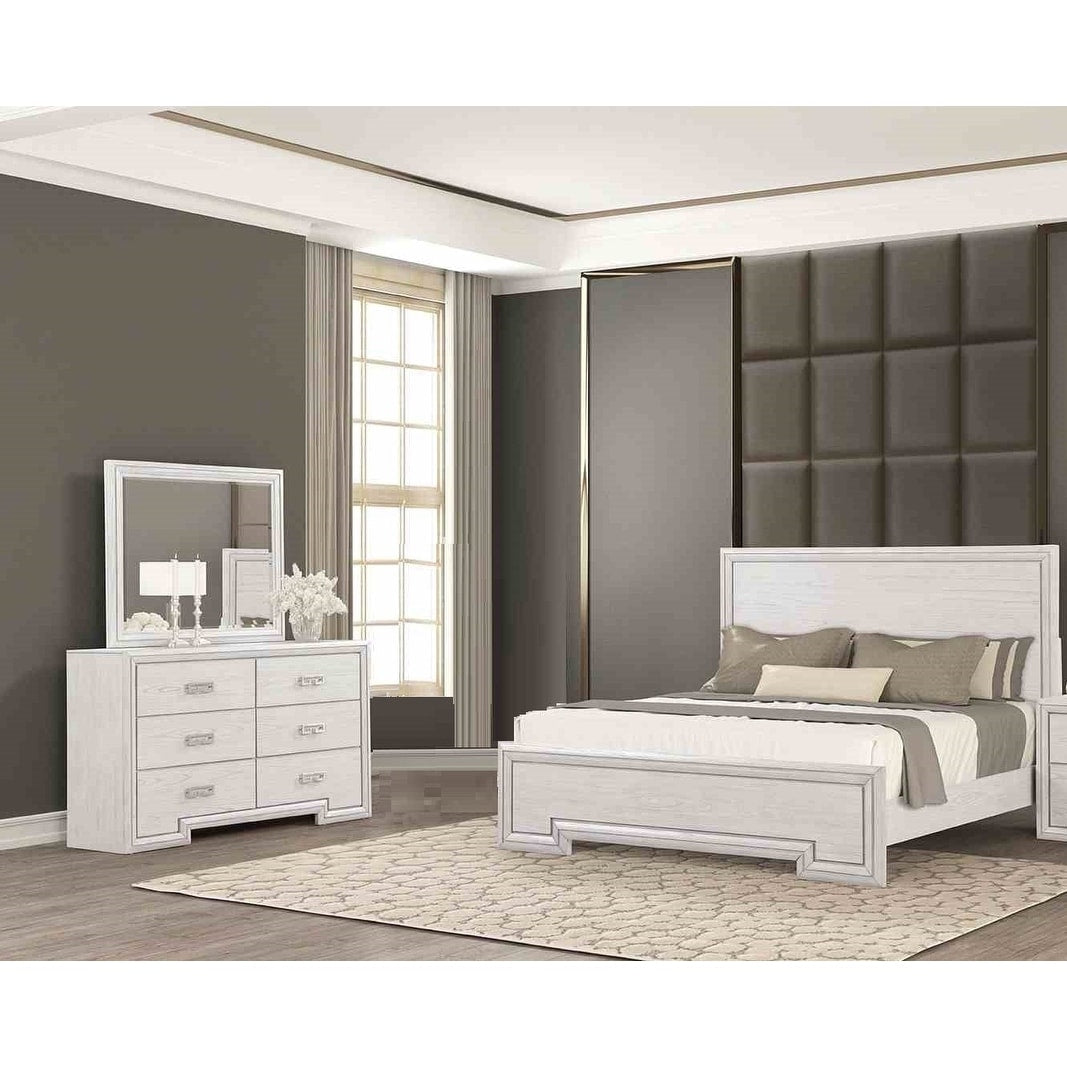 Solid Wood Classic 3Pc Bed Dresser Mirror Rustic White Finish Bedroom Set