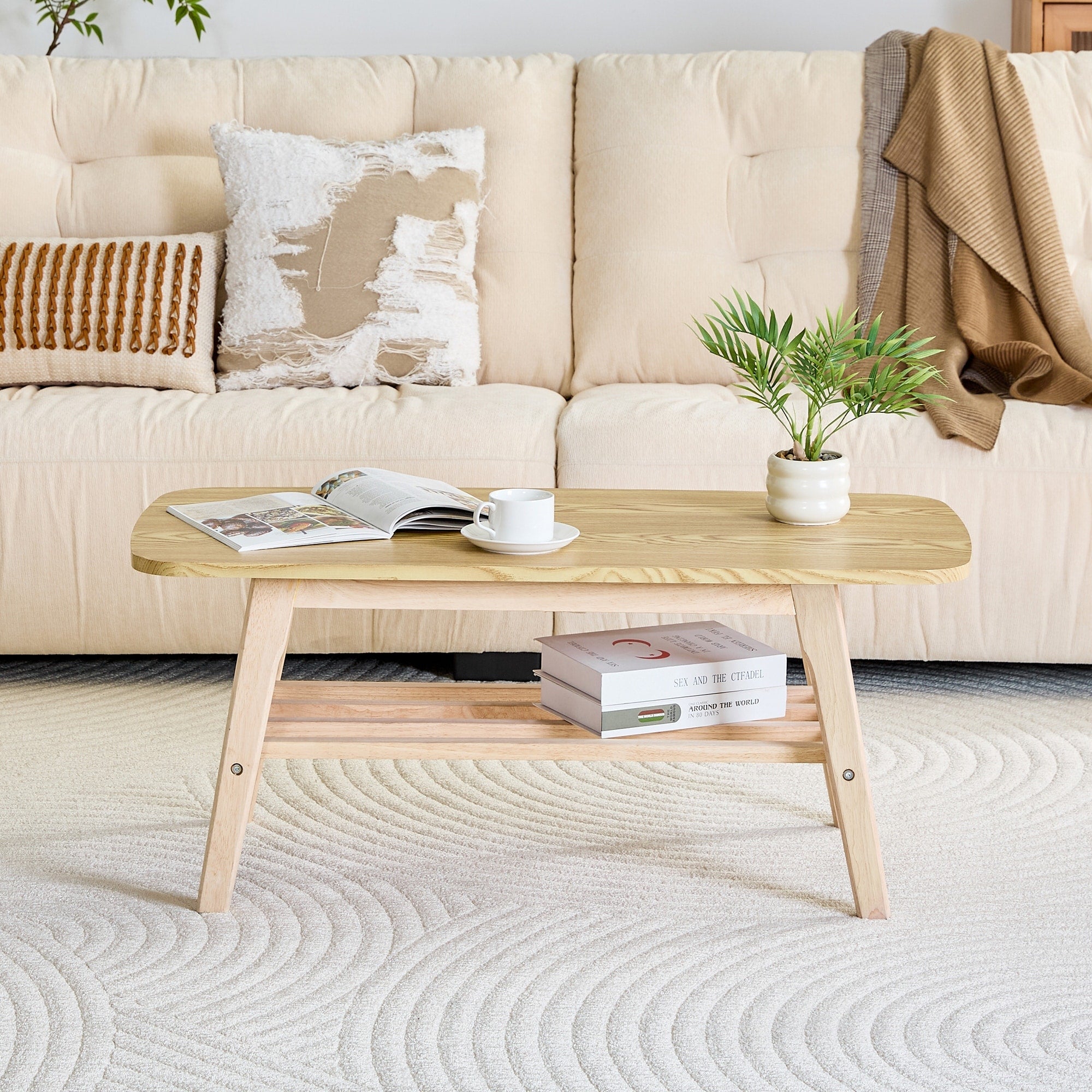 Solid Wood Coffee Table 2 Tier Wooden Center Coffee Table With Storage Shelf For Living Room Apartment And Office