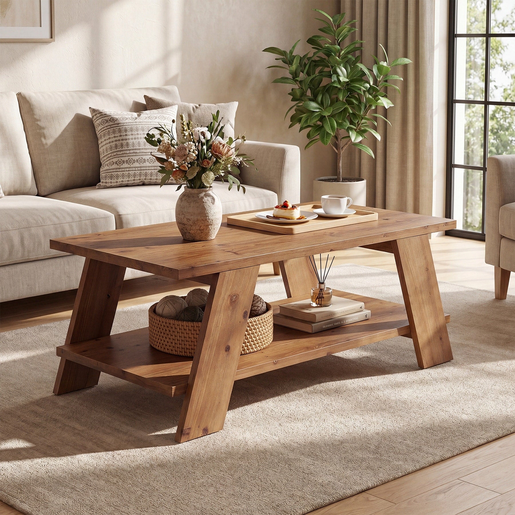 Solid Wood Coffee Table For Living Room 47 Inch Center Table With Stroage 47.24 D X 23.62 W X 19.69 H