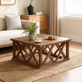 Solid Wood Coffee Table 39.37 Inch Square Farmhouse Style Reinforced X Frame Brown For Living Room Apartment Office