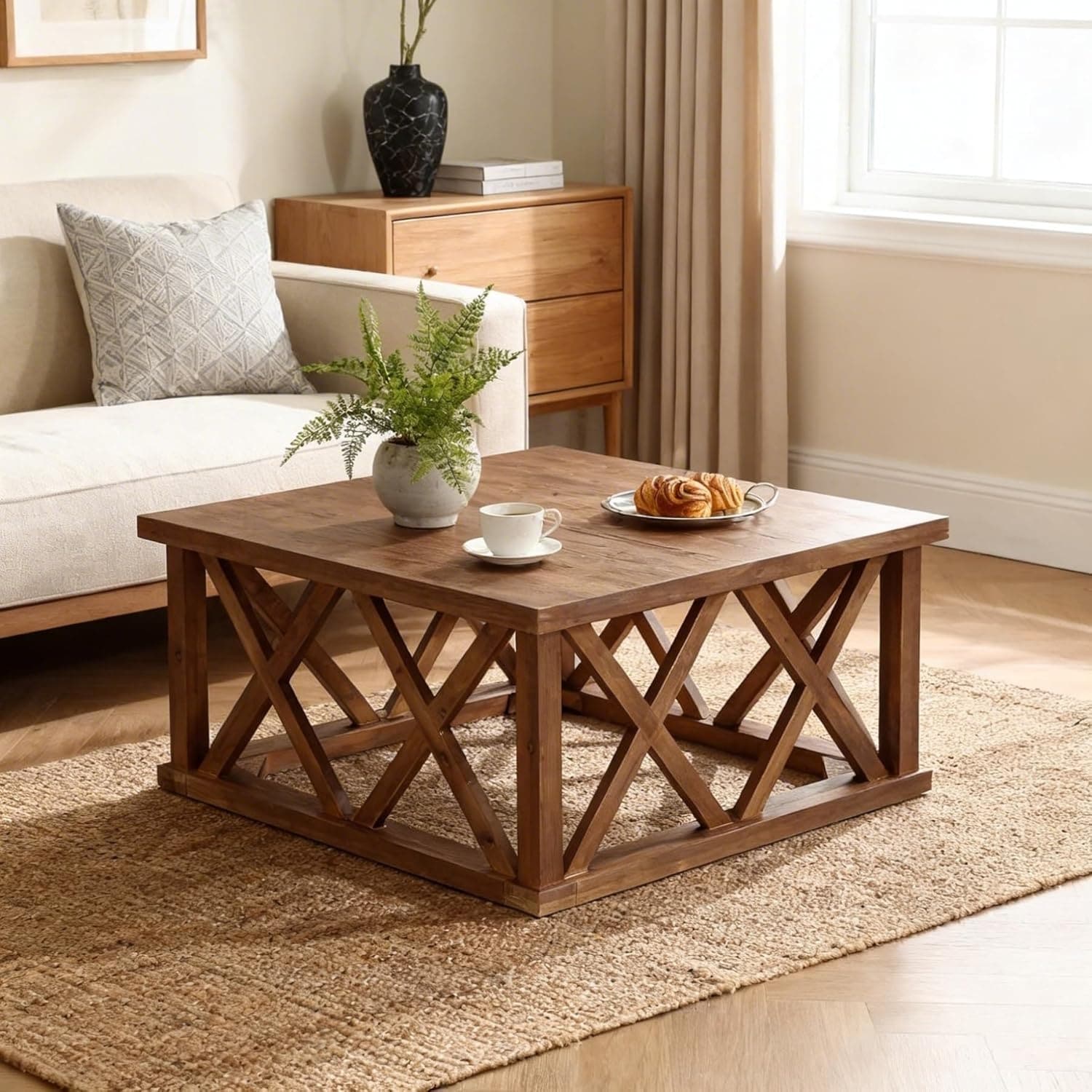 Solid Wood Coffee Table 39.37 Inch Square Farmhouse Style Reinforced X Frame Brown For Living Room Apartment Office