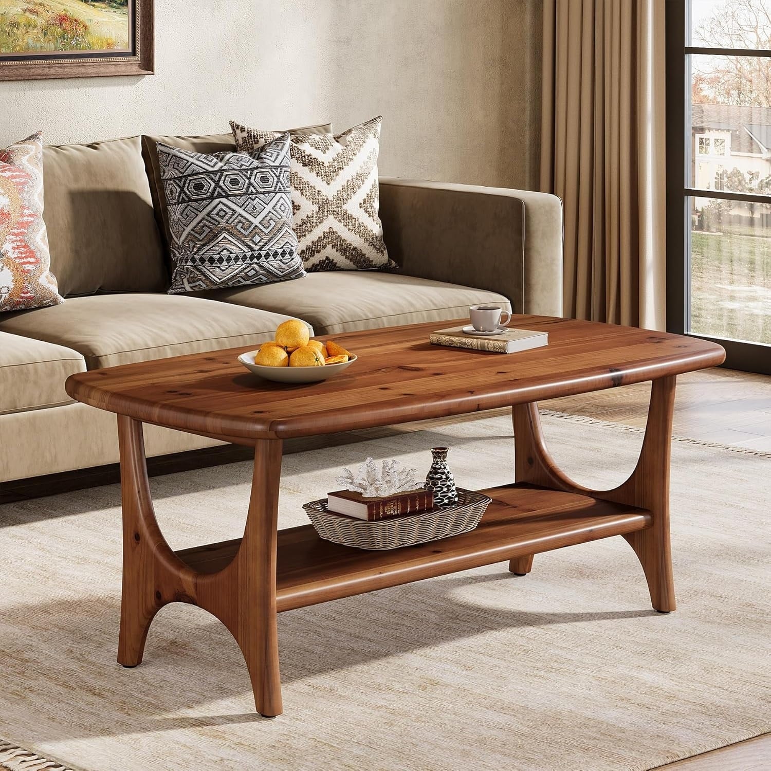 Solid Wood Coffee Table 47.24 Inch Mid Century Modern Rectangle Center Table