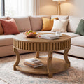 Solid Wood Coffee Table Farmhouse 2 Tier Center Table With Storage 31.5 Inch Fluted Round Cocktail Table For Living Room