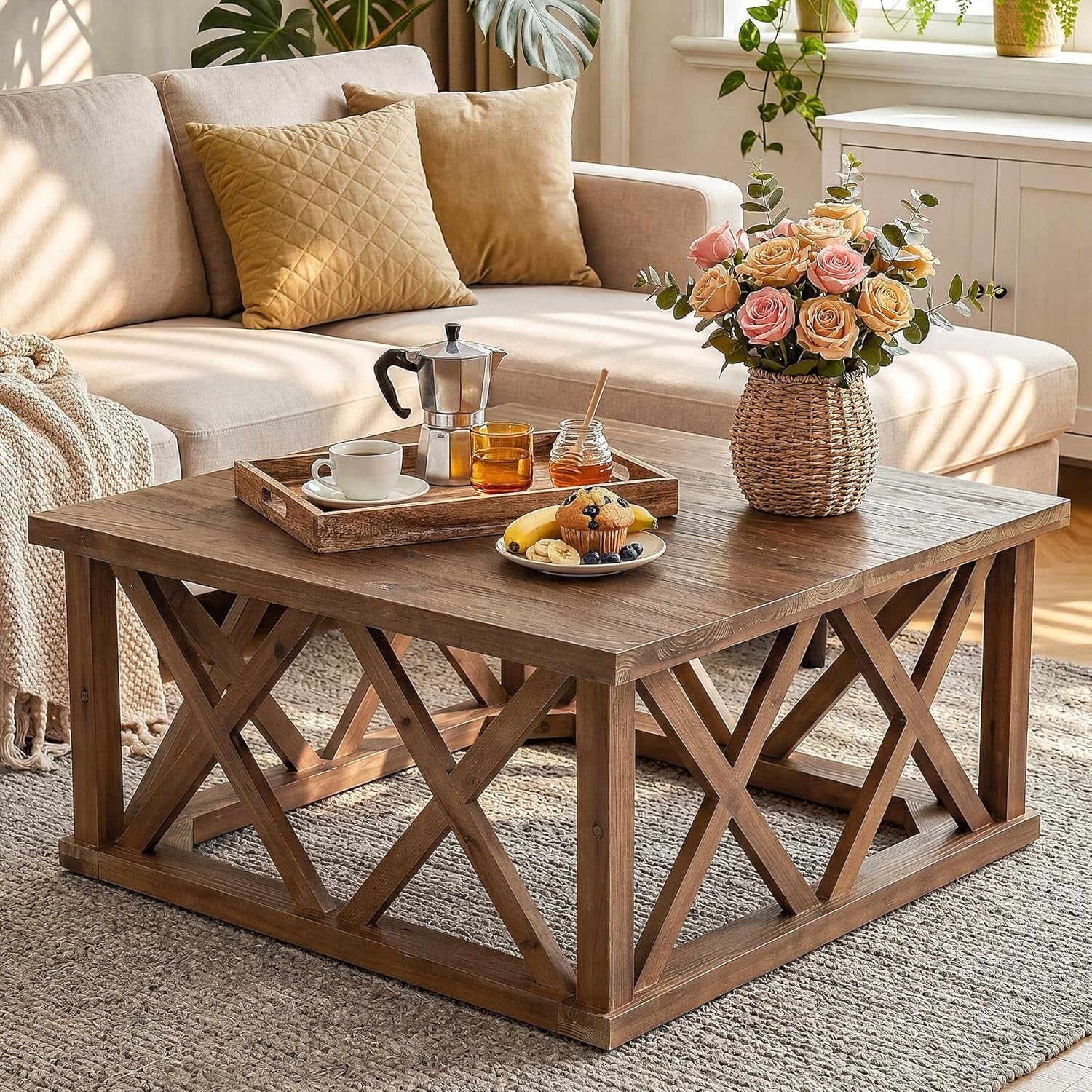 Solid Wood Coffee Tables For Living Room 39.4 Square Farmhouse Center Table With Reinforced X Frame Base