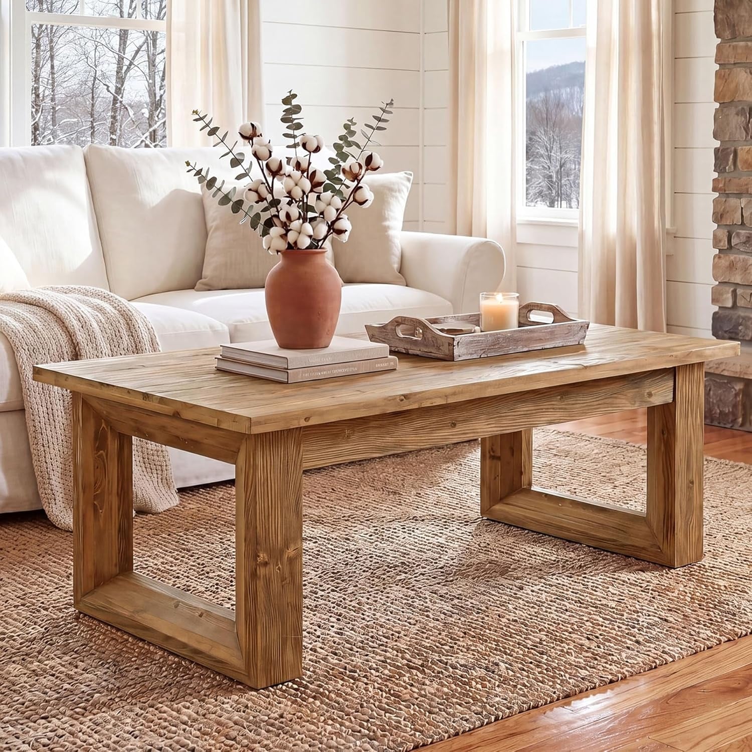 Solid Wood Coffee Tables For Living Room 47.2 Rectangular Center Cocktail Table With Solid Legs 23.6 W X 47.2 L X 19.7 H