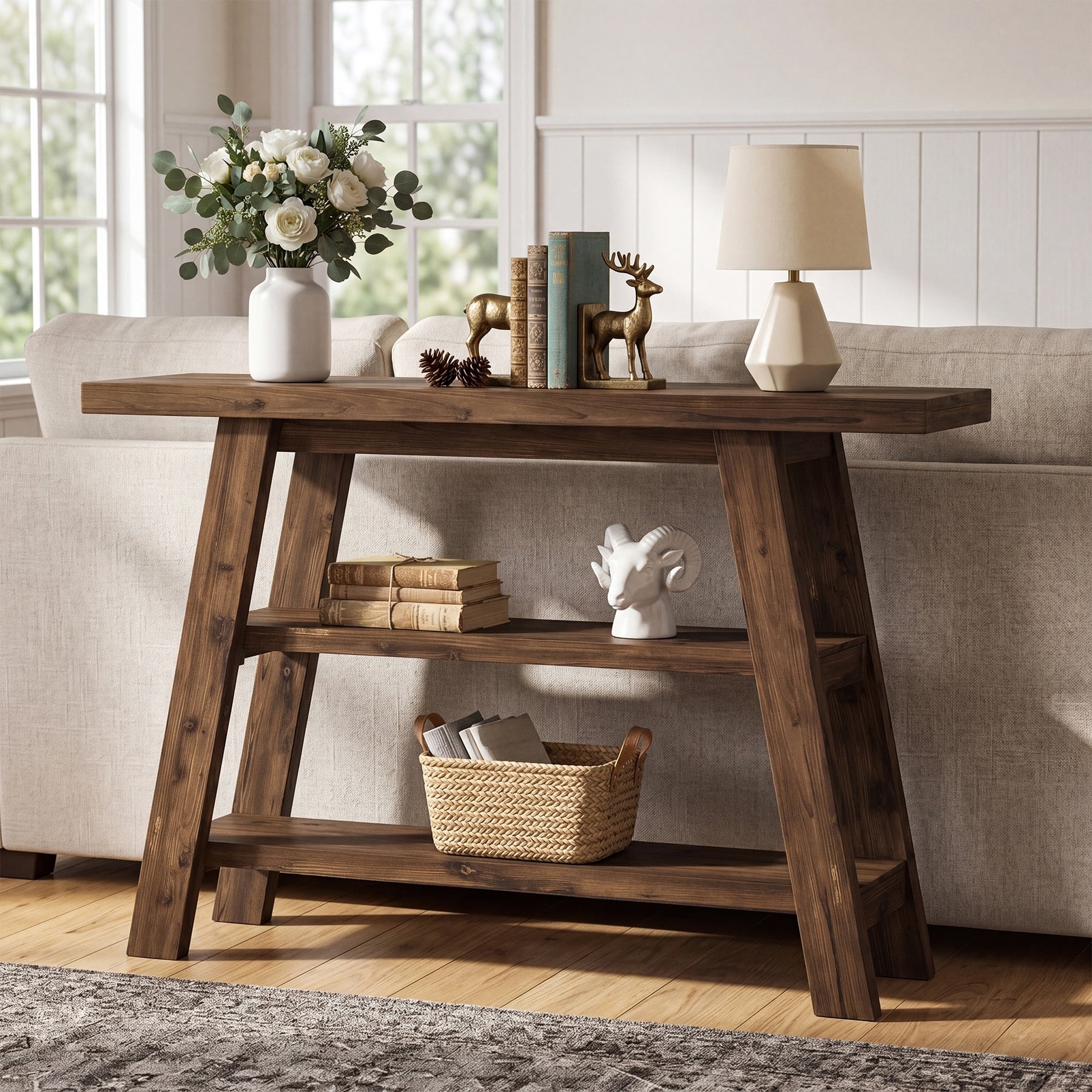 Solid Wood Console Table 47.24 Long Farmhouse Entryway Table With 3 Tier Shelves