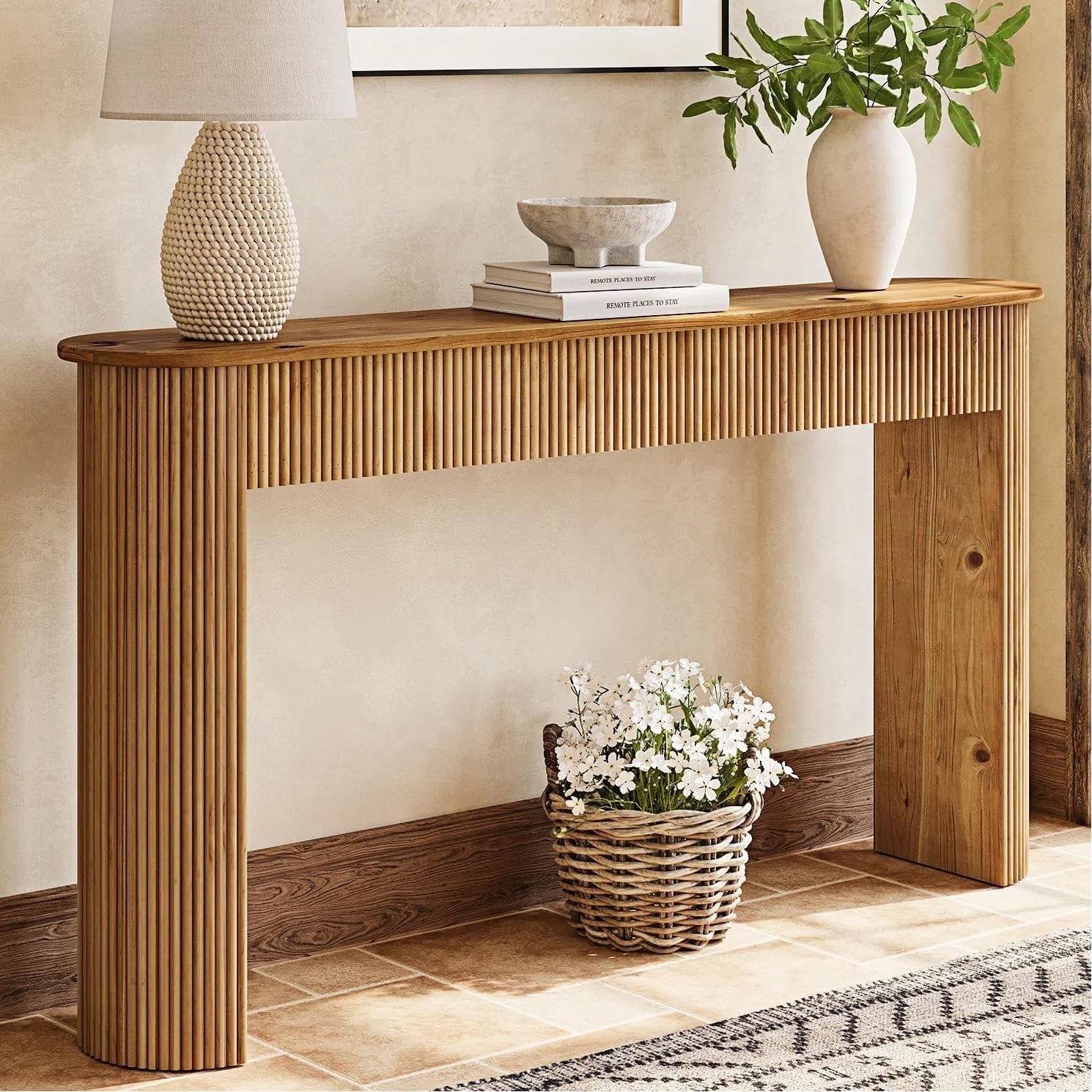 Solid Wood Console Table 63 Fluted Entryway Table For Hallway Foyer Living Room 63 L X 11.8 W X 33.5 H