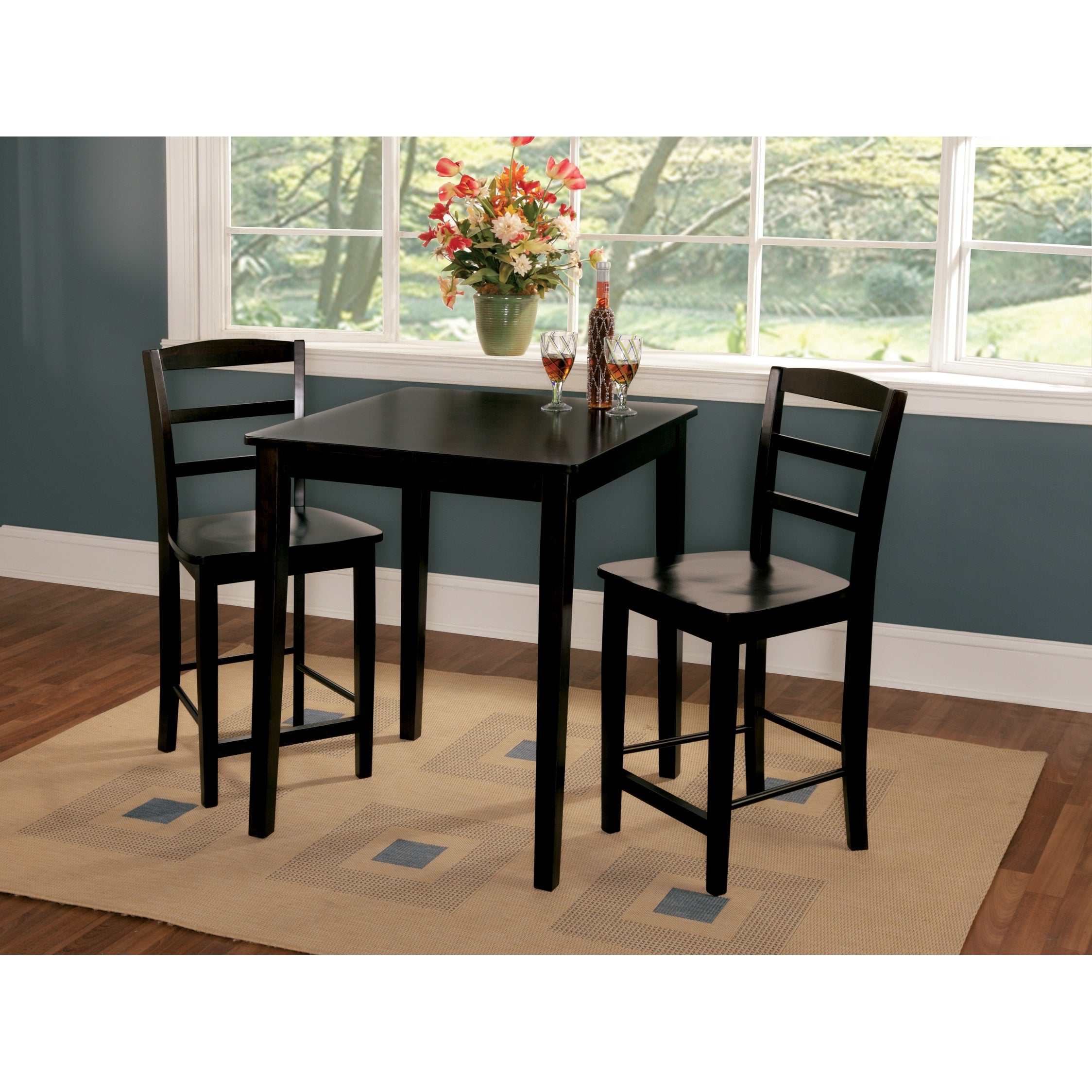 Solid Wood Counter Height Table And 2 Madrid Stools In Washed Gray Taupe