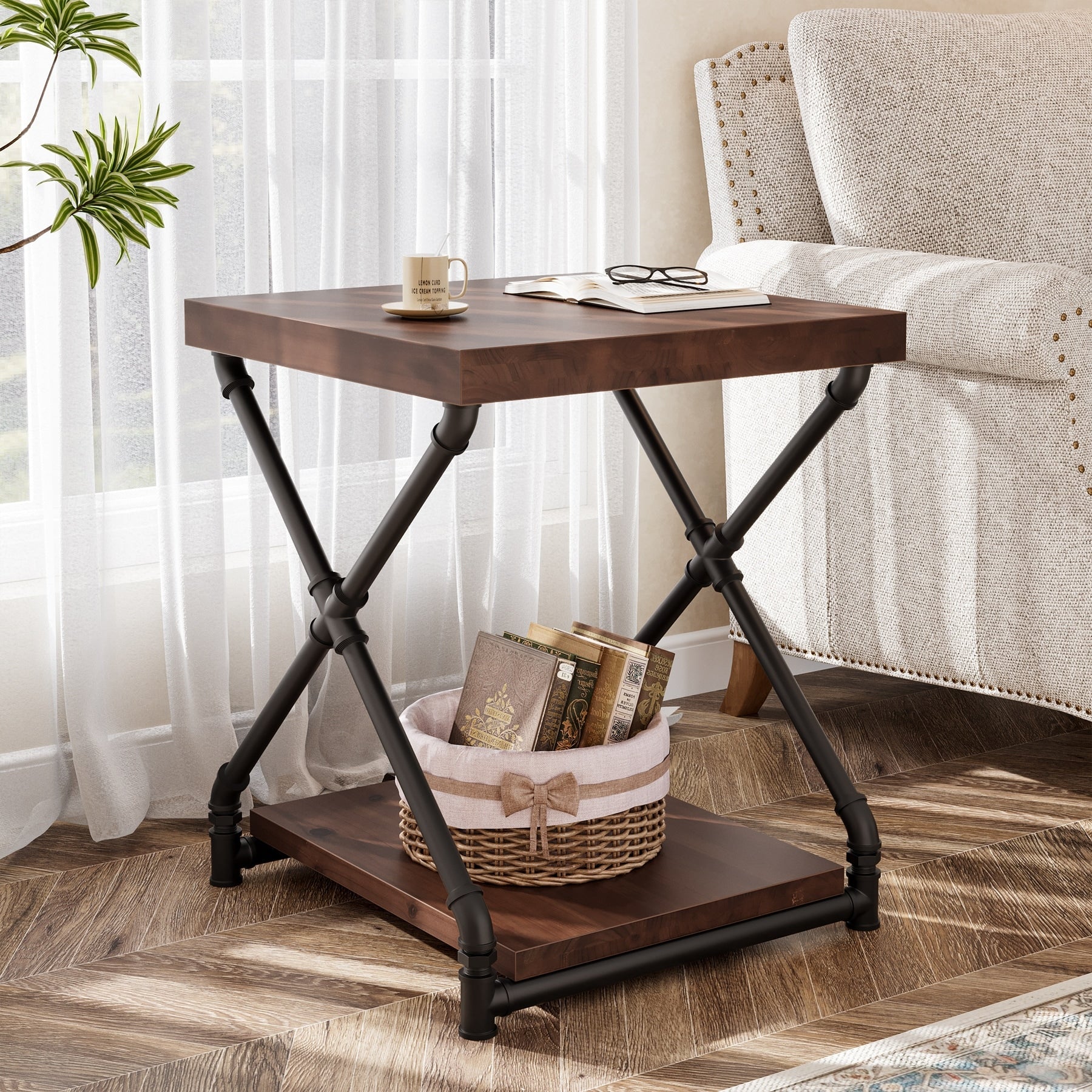 Solid Wood End Side Table With Storage Space For Living Room
