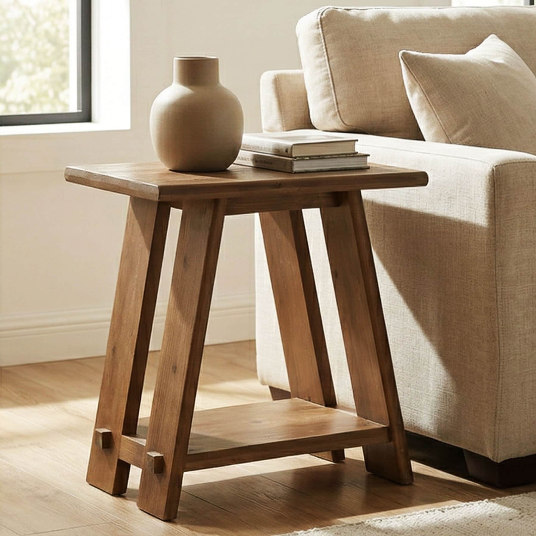 Solid Wood End Table With Storage Shelf For Living Room