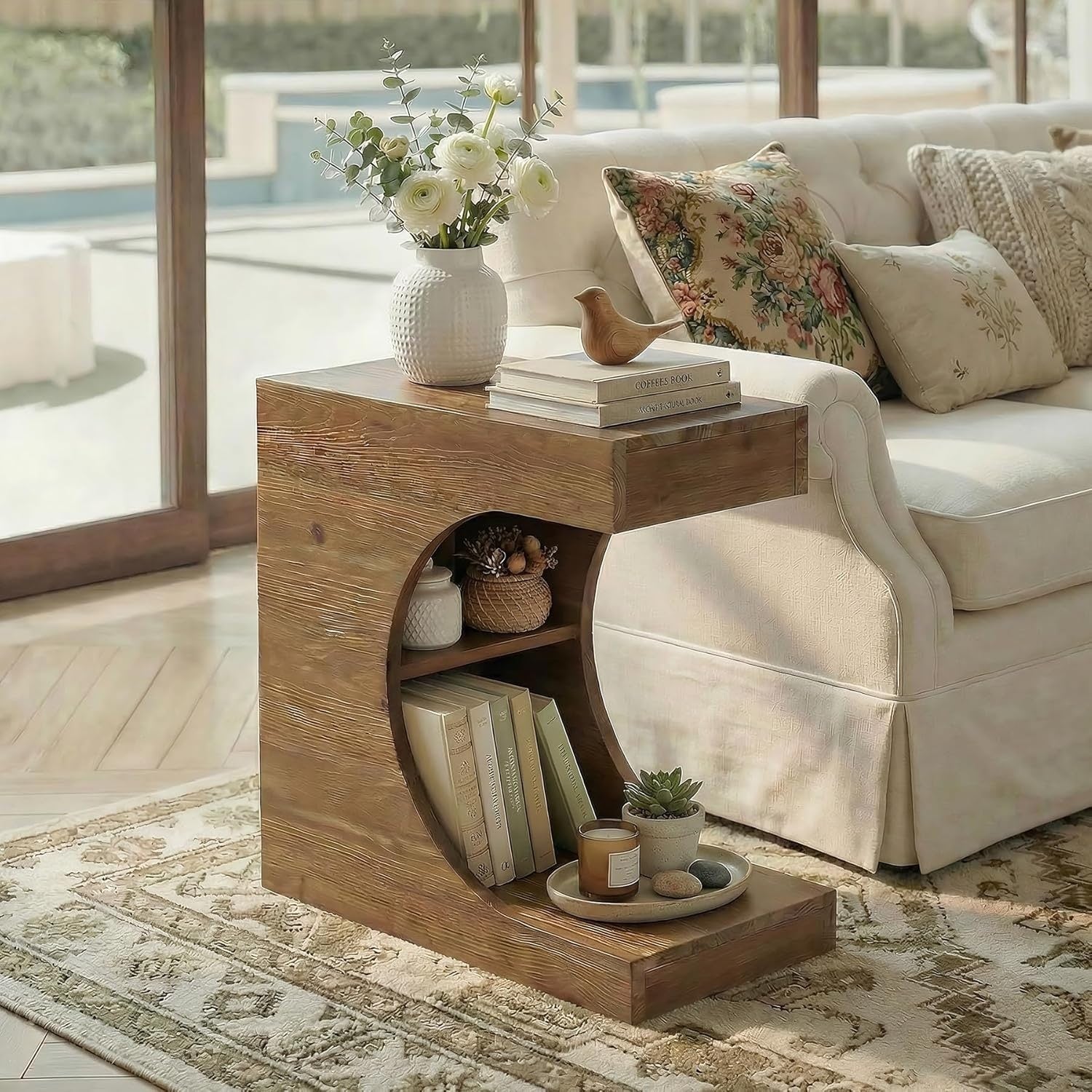 Solid Wood End Table Modern C Shaped Side Table With 2 Tier Storage 11.8 W 23.6 L 23.6 H