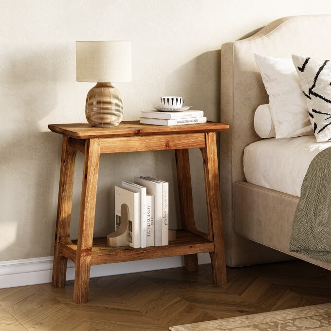 Solid Wood End Table Rustic 2 Tier Side Table For Living Room
