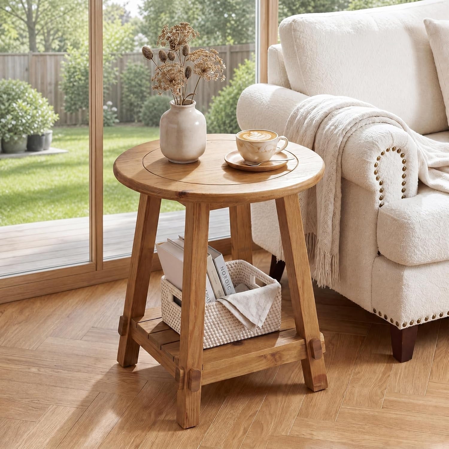 Solid Wood End Tables For Living Room 2 Tier Round Sofa Couch Side Table With Storage 23.62 L 23.62 W 25.98 H