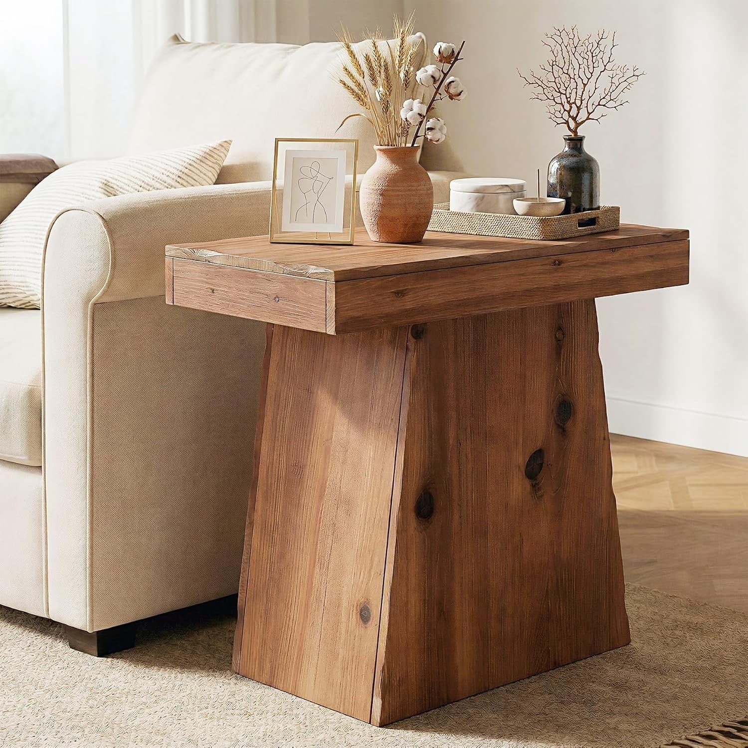 Solid Wood End Tables For Living Room 23.6 Farmhouse Side Table With Trapezoid Base 23.6 L X 11.8 W X 23.6 H