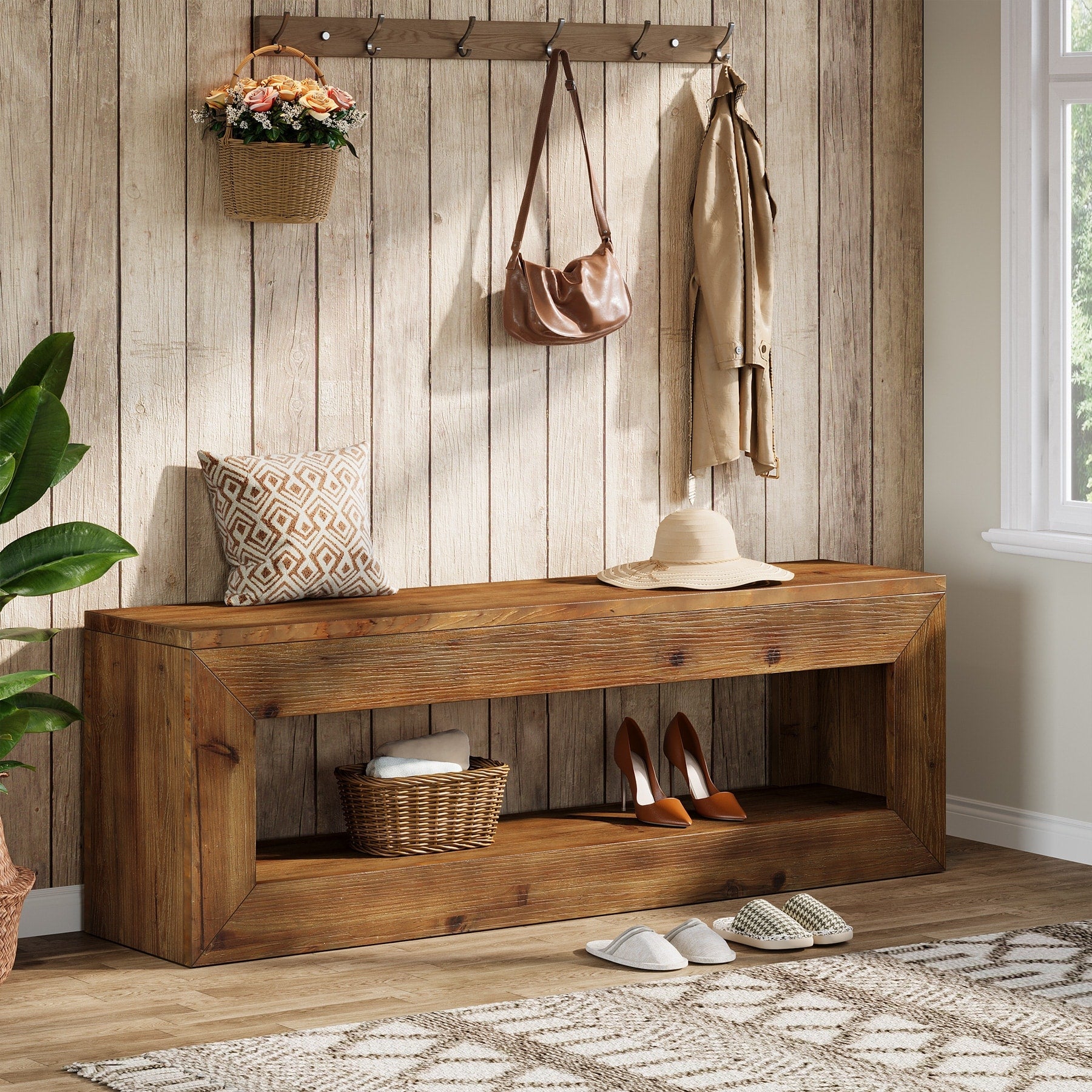Solid Wood Entryway Bench With Storage Shelf For Entrance