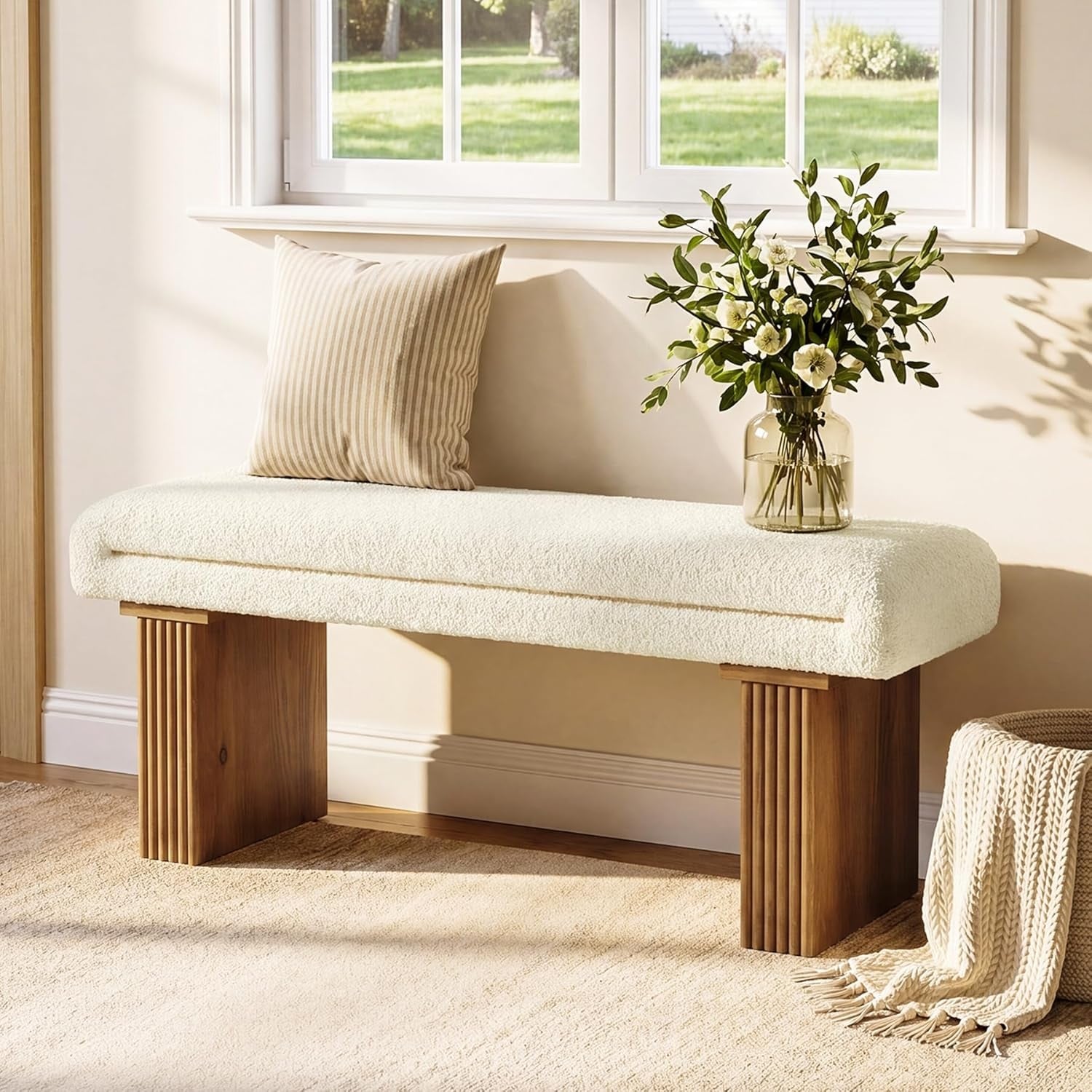 Solid Wood Entryway Bench 47 Inch Upholstered Storage Bench For Entryway Bedroom White Brown