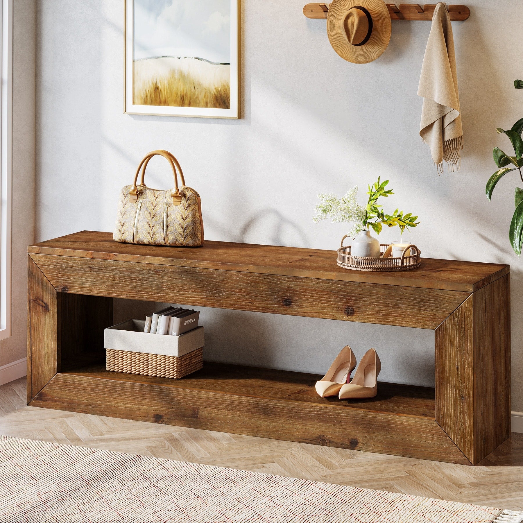 Solid Wood Entryway Bench 47 Rustic Farmhouse Indoor Bench Seat With Storage Shelf For Entrance