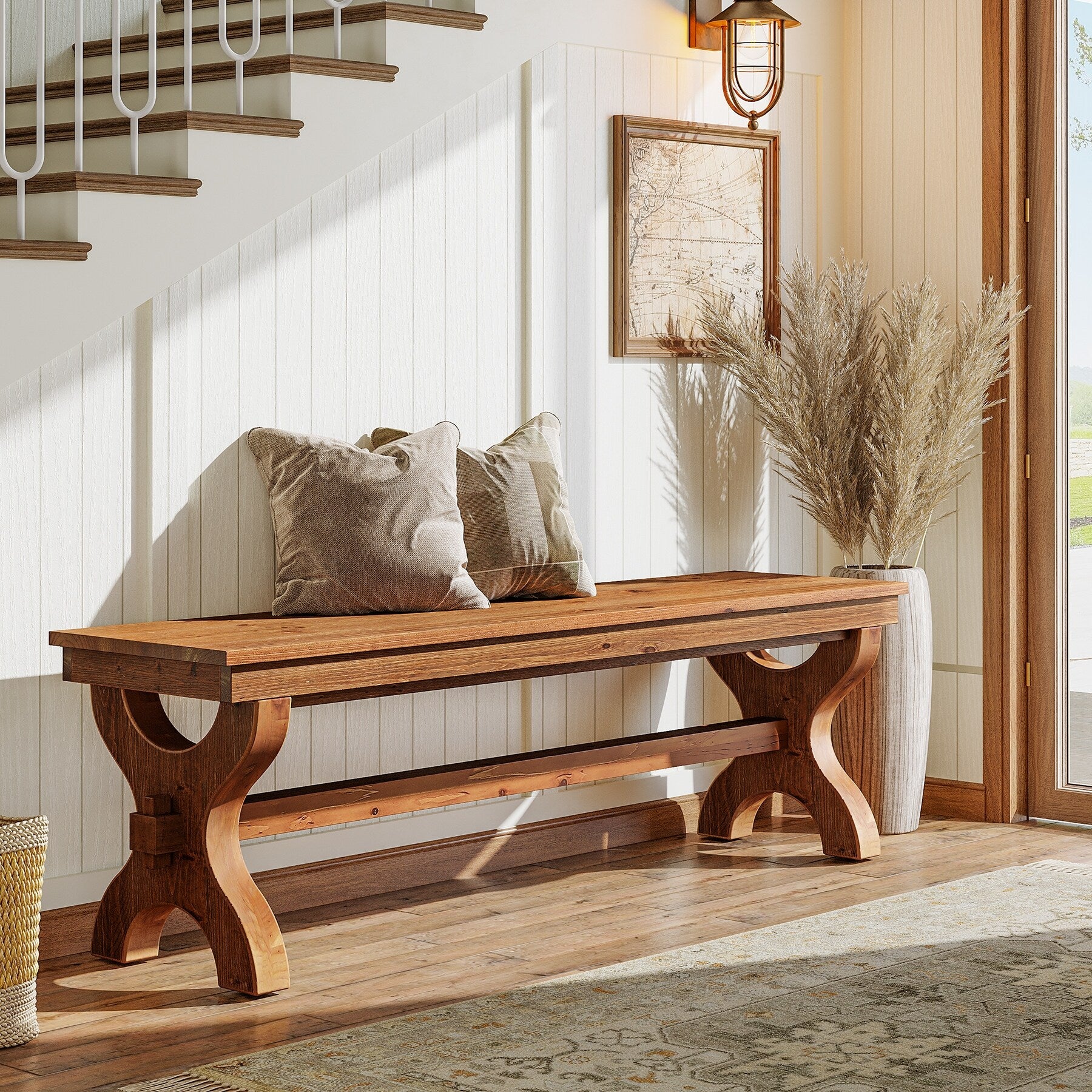 Solid Wood Entryway Bench Farmhouse Dining Bench Hallway Accent Seat Bench For Living Room Bedroom