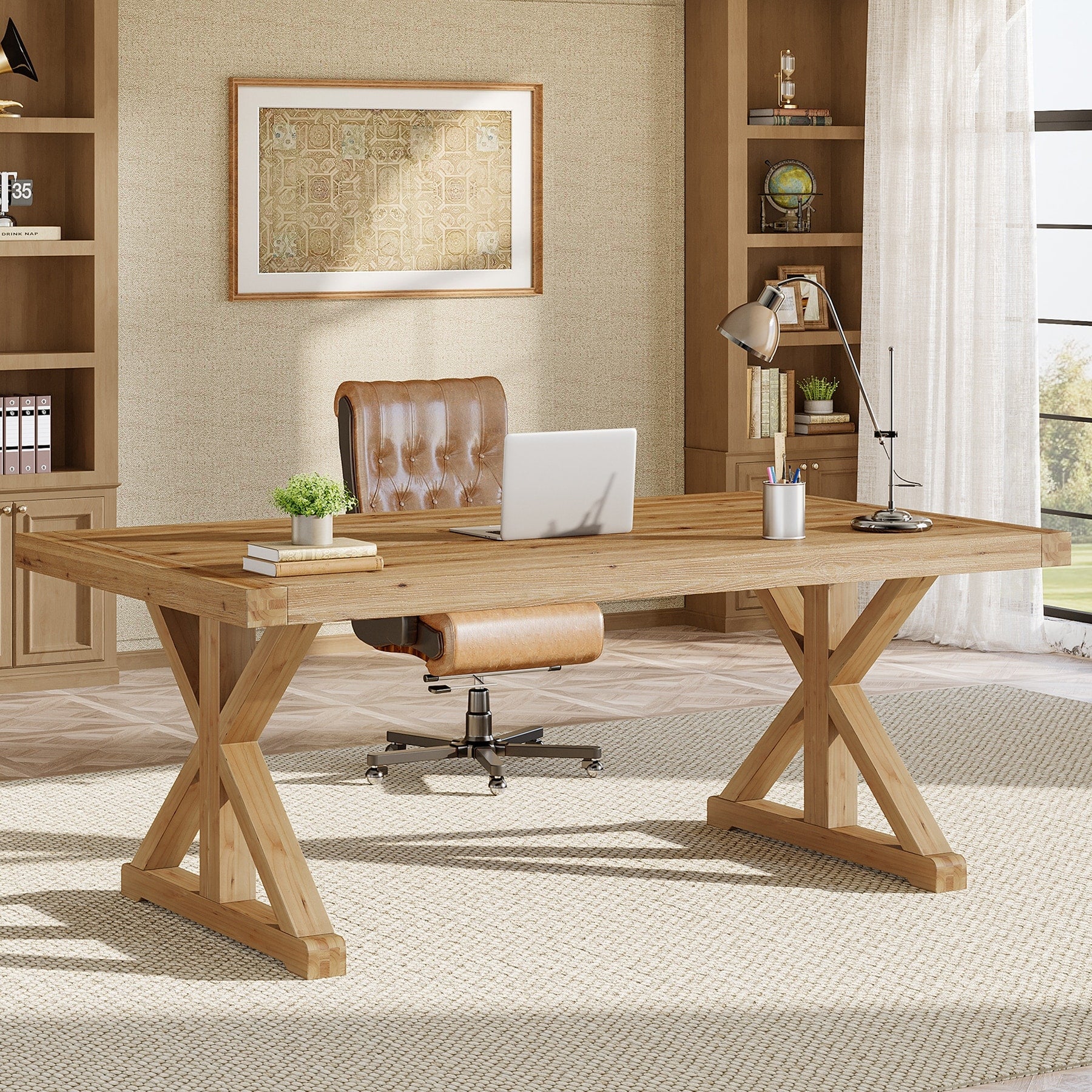 Solid Wood Executive Desk 63 Inch Home Office Computer Desk With Sturdy Legs