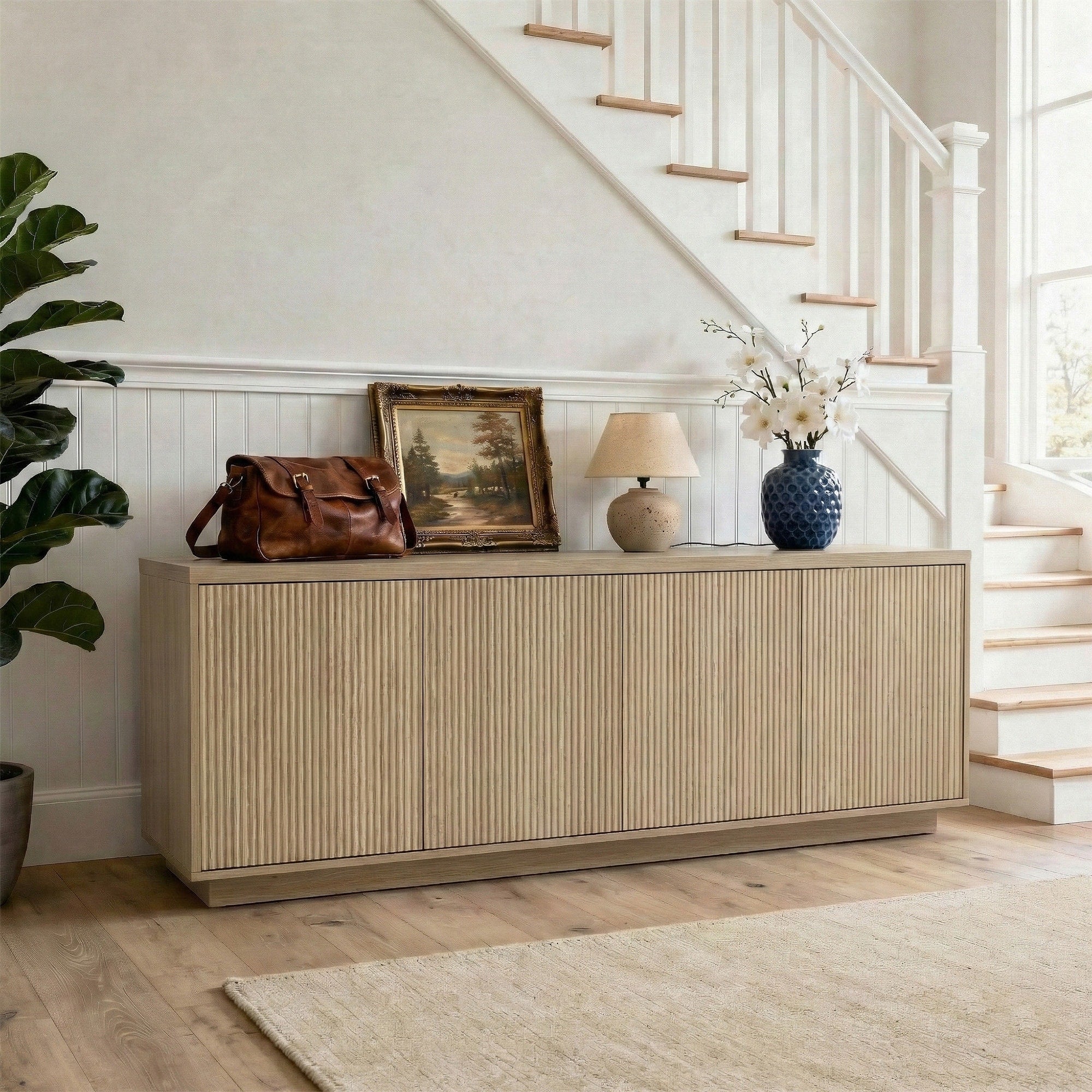 Solid Wood Fluted Doors 4 Door Storage Cabinet Tv Stand