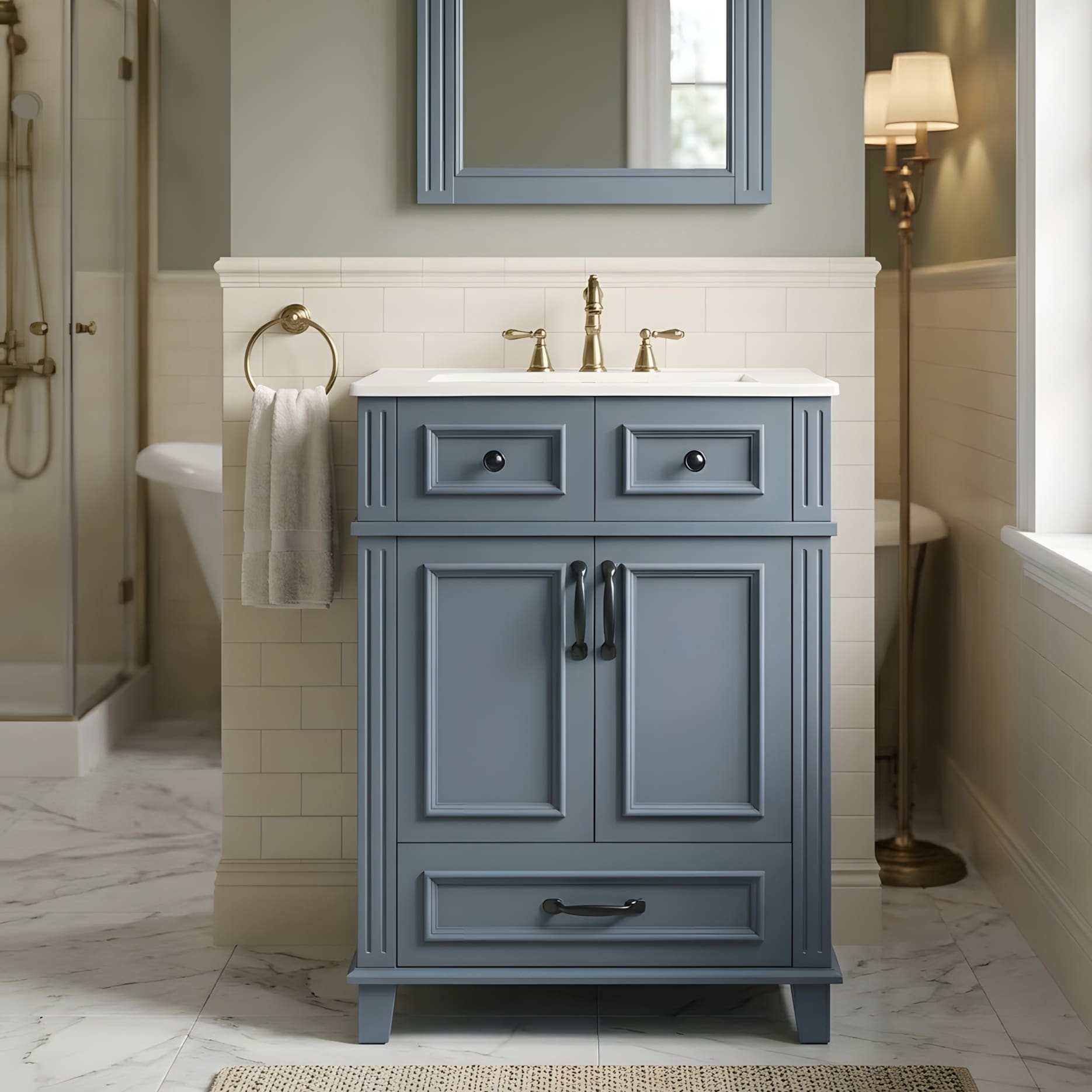 Solid Wood Frame Bathroom Storage Cabinet With Soft Closing Doors