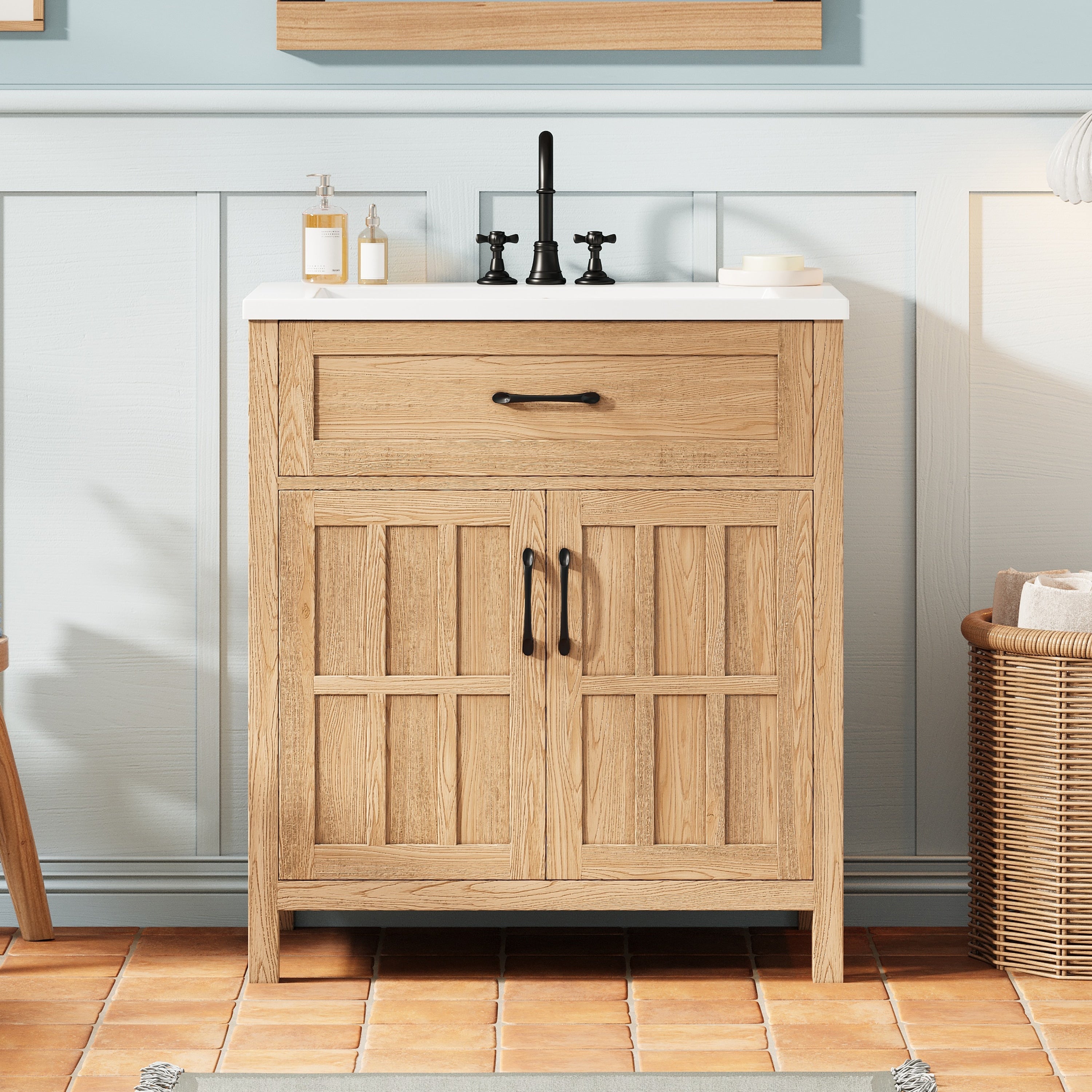 Solid Wood Frame Bathroom Vanity With Resin Sink Natural Wood Bathroom Sink Cabinet With Adjustable Shelf 30 Inch
