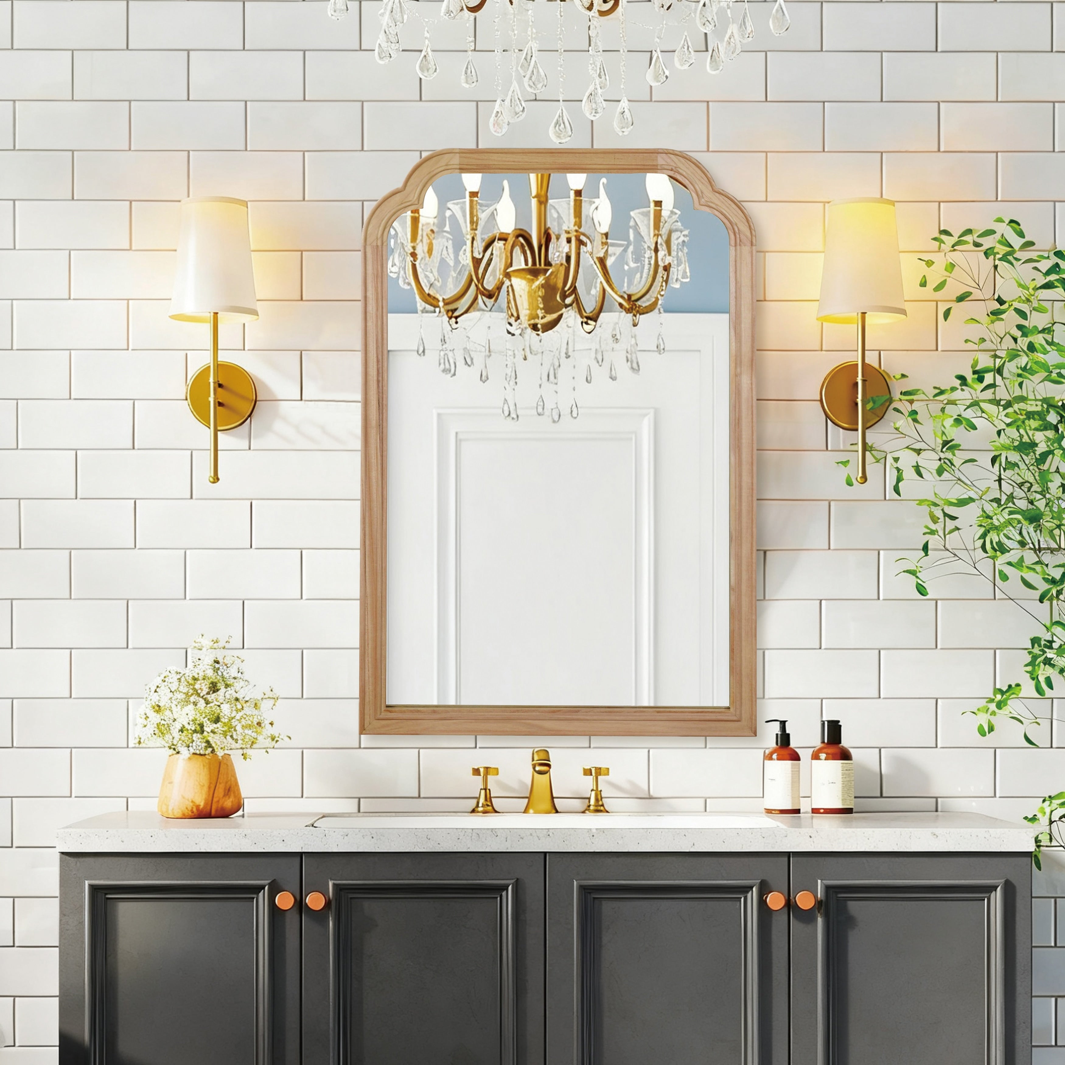 Solid Wood Frame Rounded Corner Decorative Mirror Natural