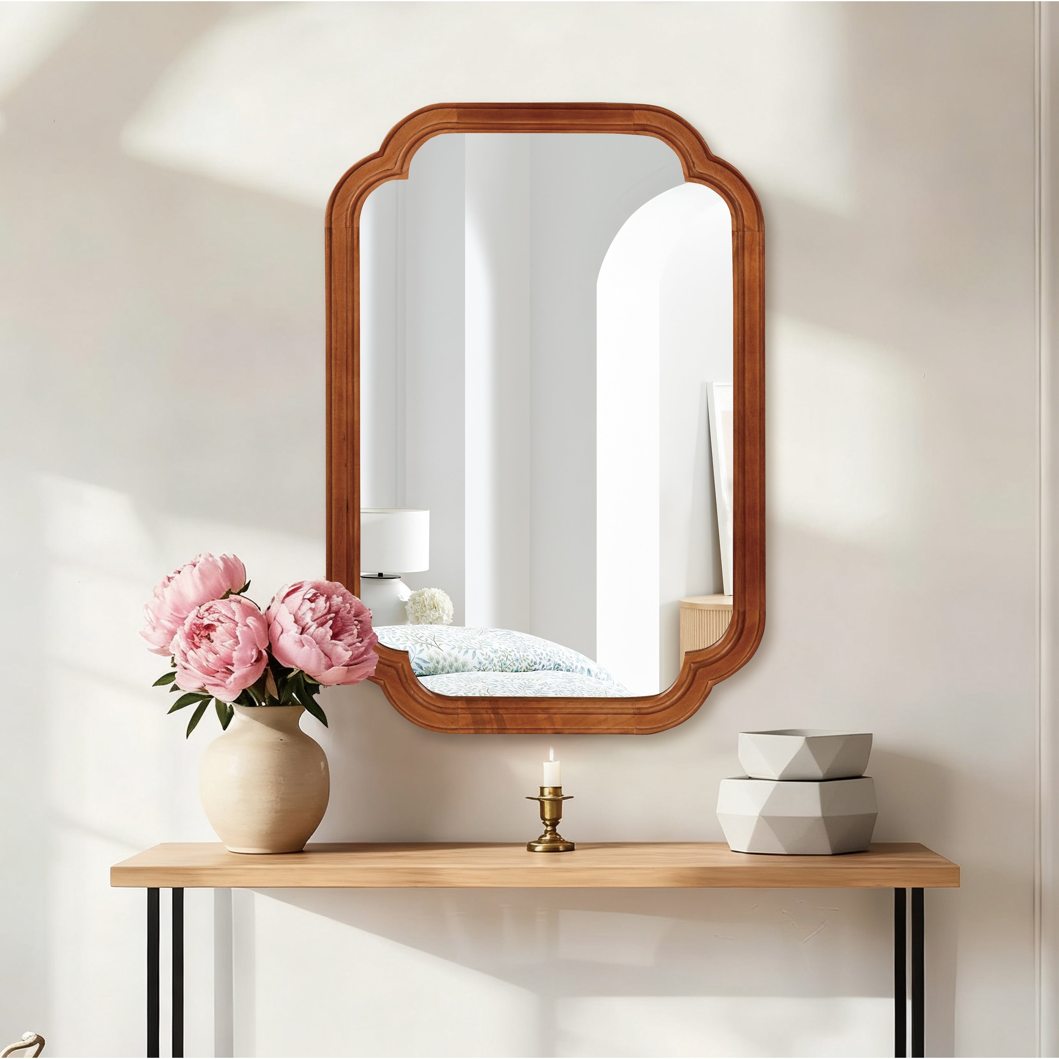 Solid Wood Frame Rounded Corner Decorative Mirror Antique Brown