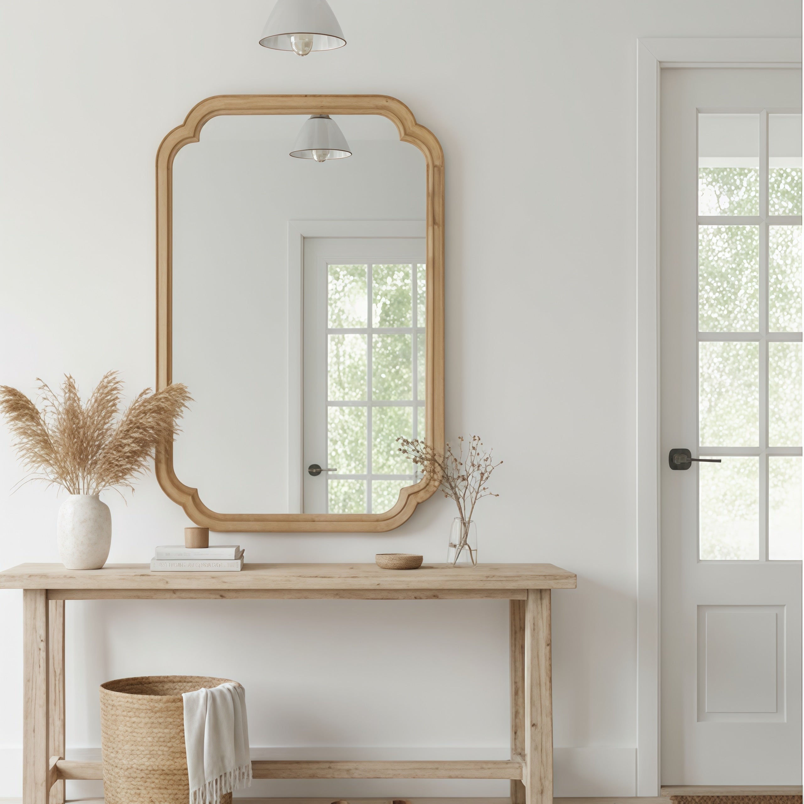 Solid Wood Frame Rounded Corner Decorative Mirror Natural