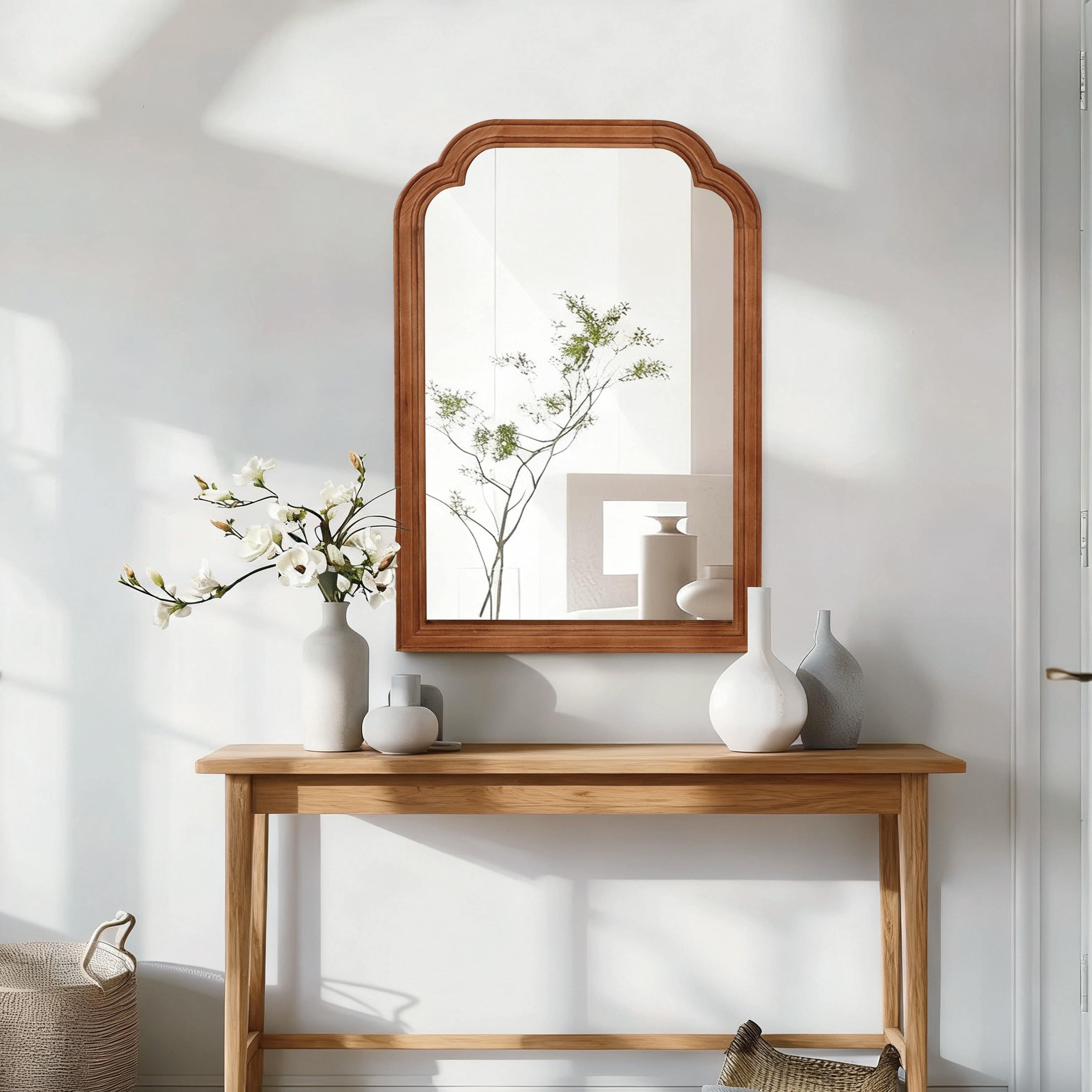 Solid Wood Frame Rounded Corner Decorative Mirror Antique Brown