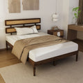 Solid Wood Full Bed Frame Platform Bedframe With Rattan Headboard