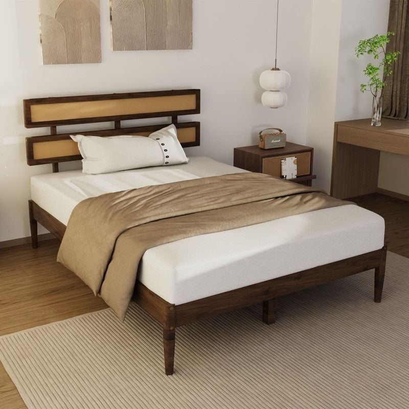 Solid Wood Full Bed Frame Platform Bedframe With Rattan Headboard