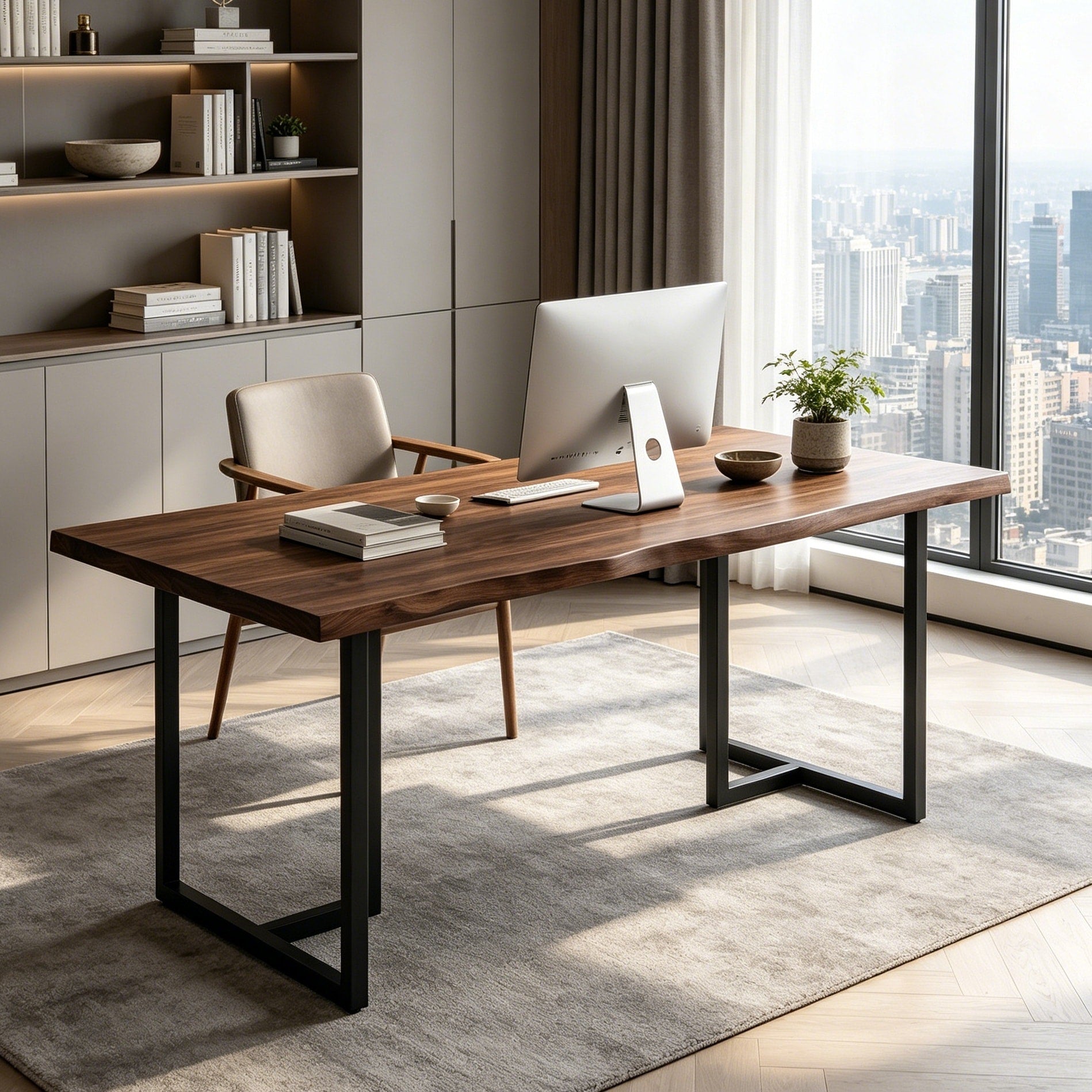 Solid Wood Home Office Desk 63 Writing Desk With Edge Heavy Duty Industrial Desk Large Computer Workstation