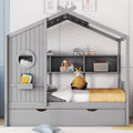 Solid Wood House Bed With Trundle Modern Design For Kids With Storage Shlef Gray