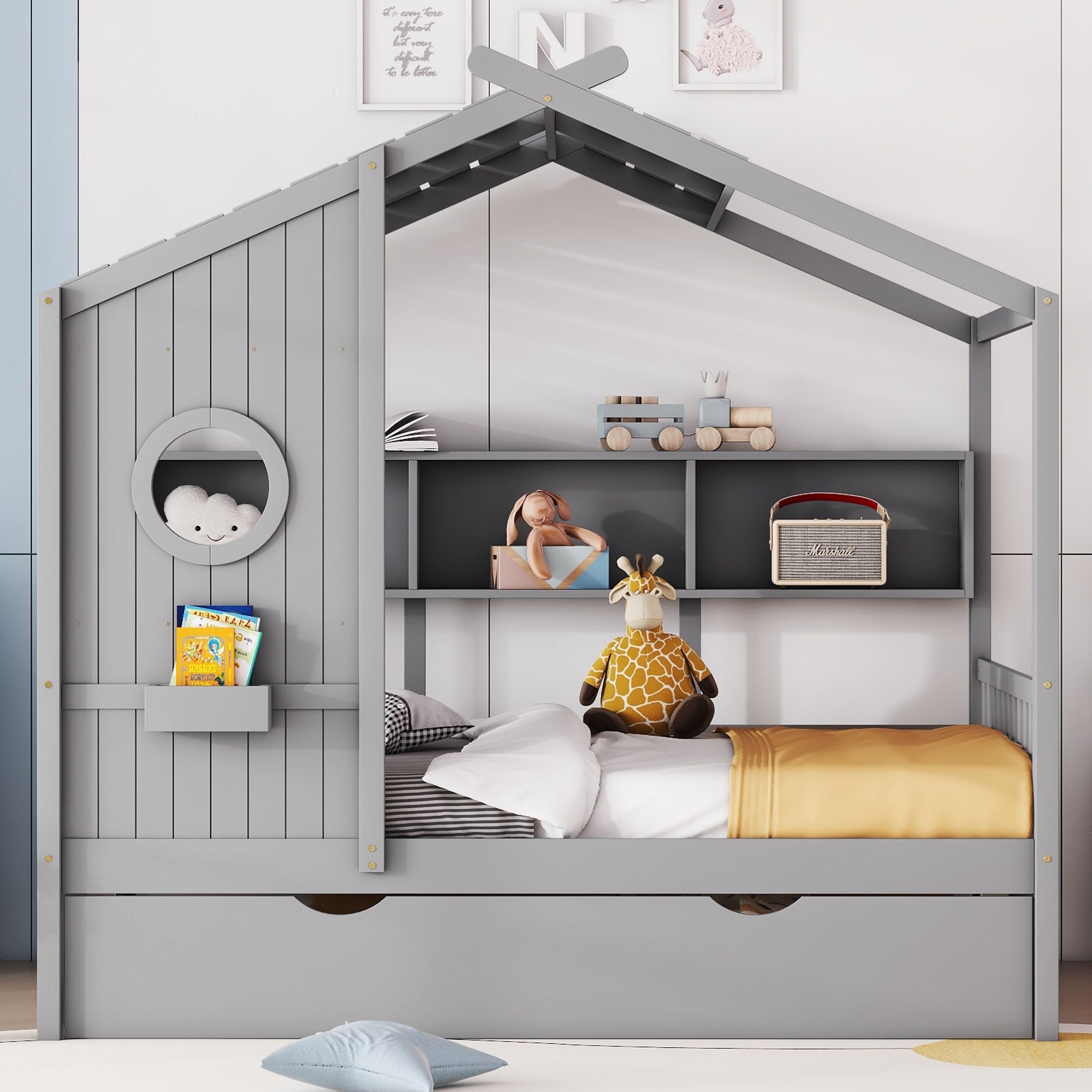 Solid Wood House Bed With Trundle Modern Design For Kids With Storage Shlef Gray