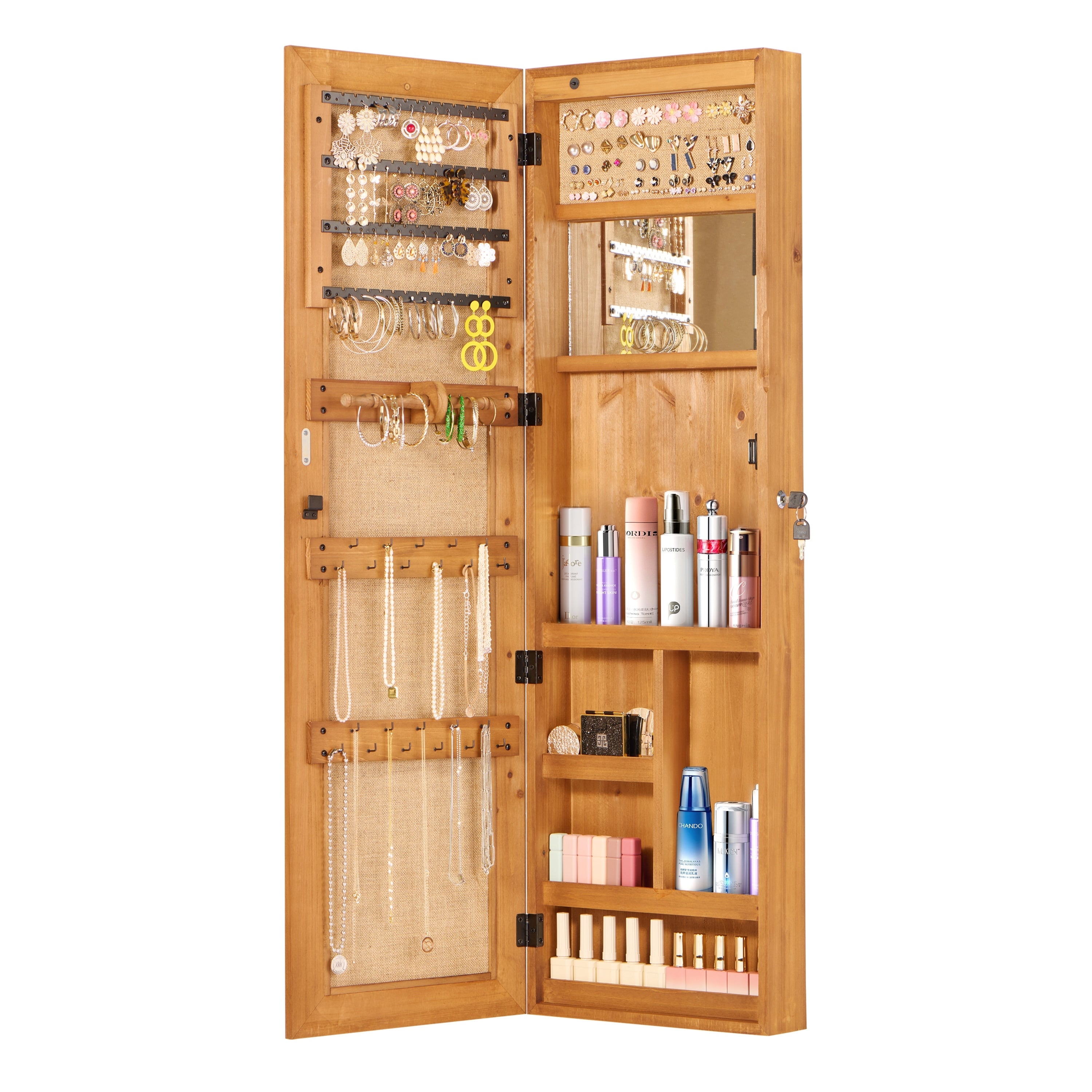 Solid Wood Jewelry Armoire Organizer Cabinet With Full Length Mirror 47.5X14.3 In Wall Mounted Lockable With Led Light