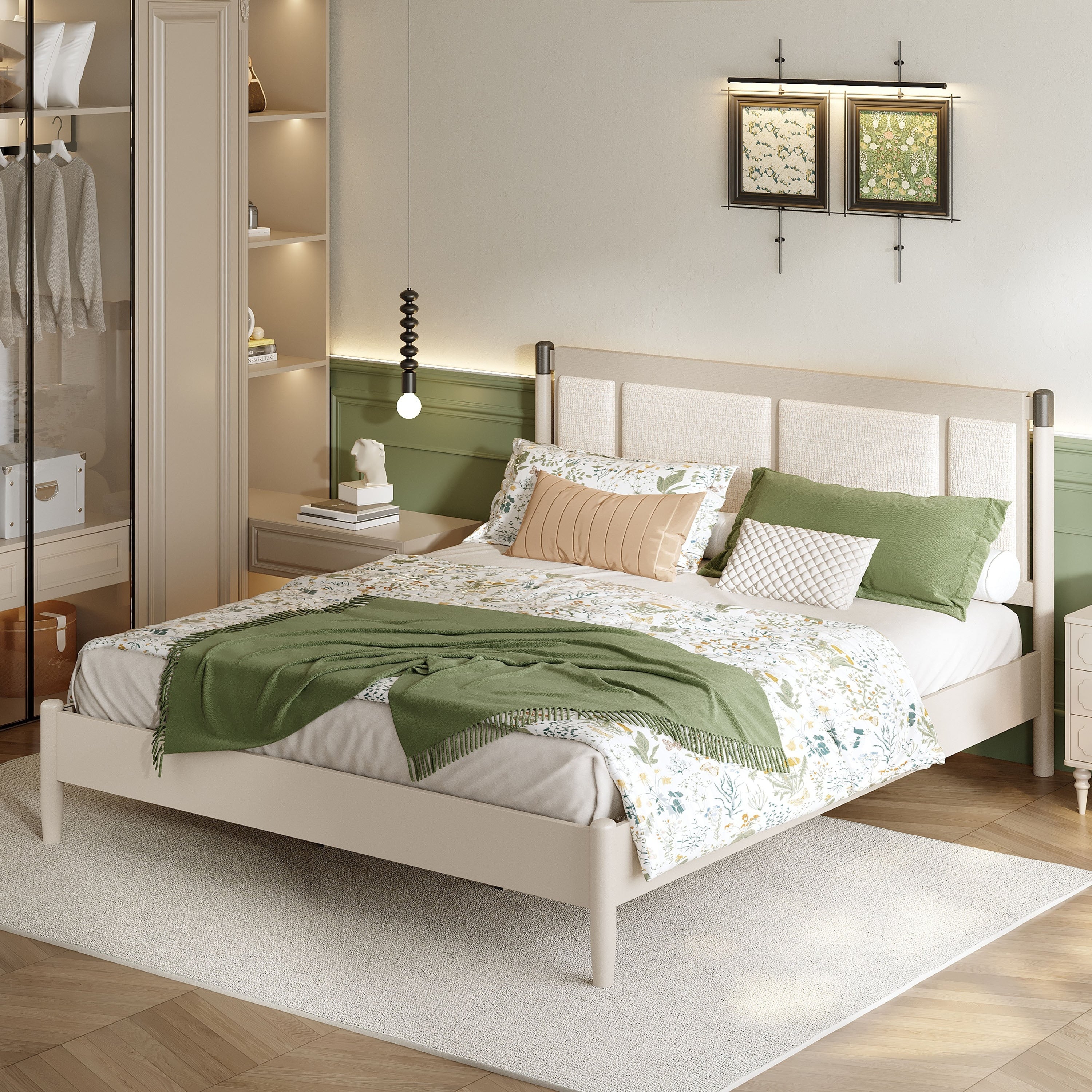 Solid Wood King Bed Heavy Duty 600 Lbs Support No Box Spring Needed Upholstered Headboard With Metal Handles