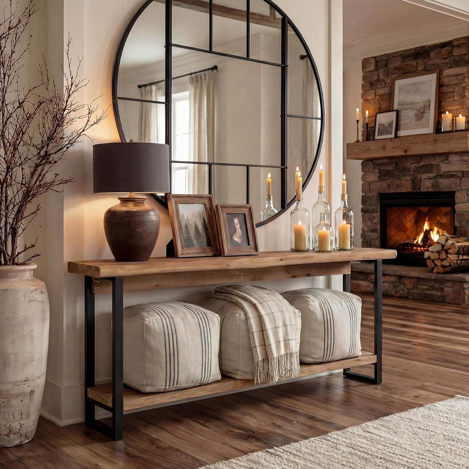 Solid Wood Live Edge Console Table Farmhouse 63 Inch Narrow Long Sofa Table