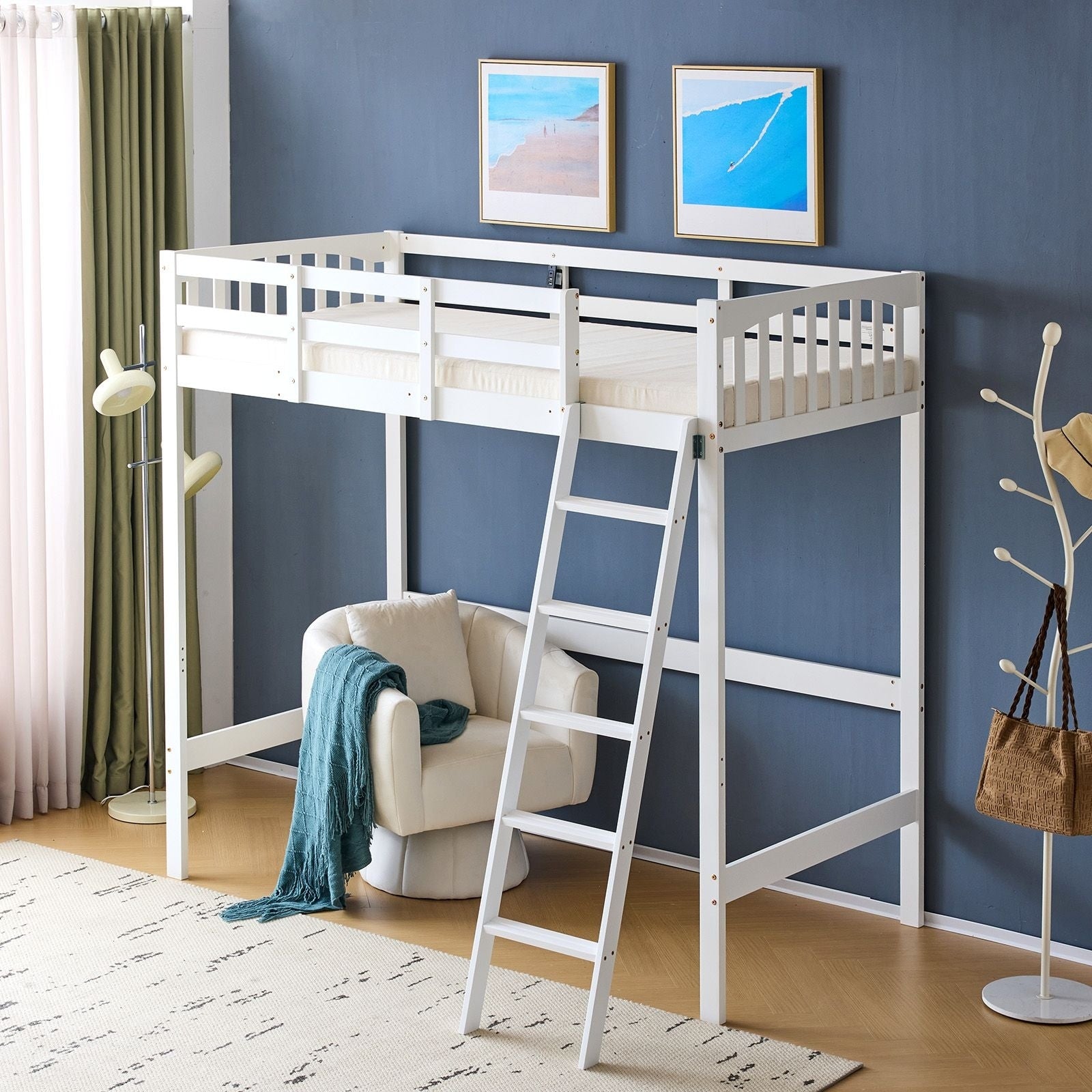 Solid Wood Loft Bed Twin Size With Usb Charging Station Led White