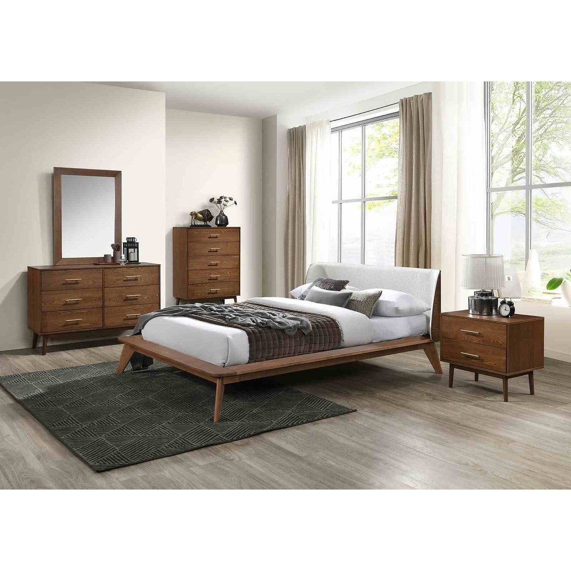 Solid Wood Mid Century Modern Walnut Finish Wing Back Bedroom Furniture Set