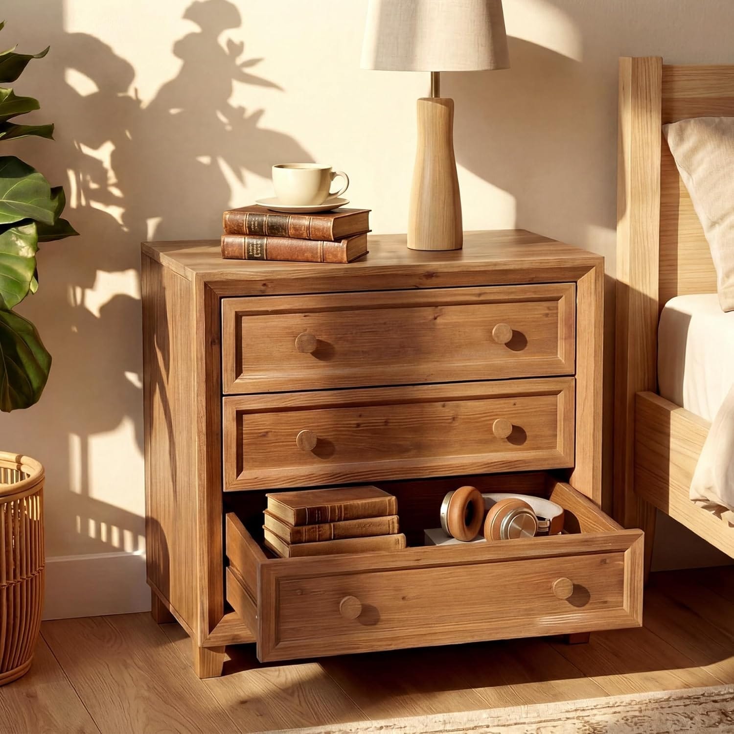 Solid Wood Nightstand With 3 Drawers 31.5 Inch Wide Bedside Table For Bedroom