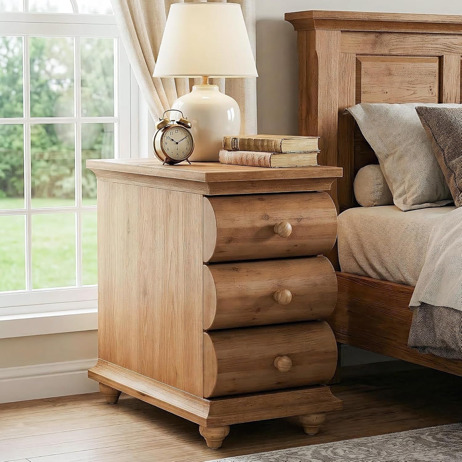 Solid Wood Nightstand With 3 Drawers Mid Century Modern Narrow Bedroom Night Stand