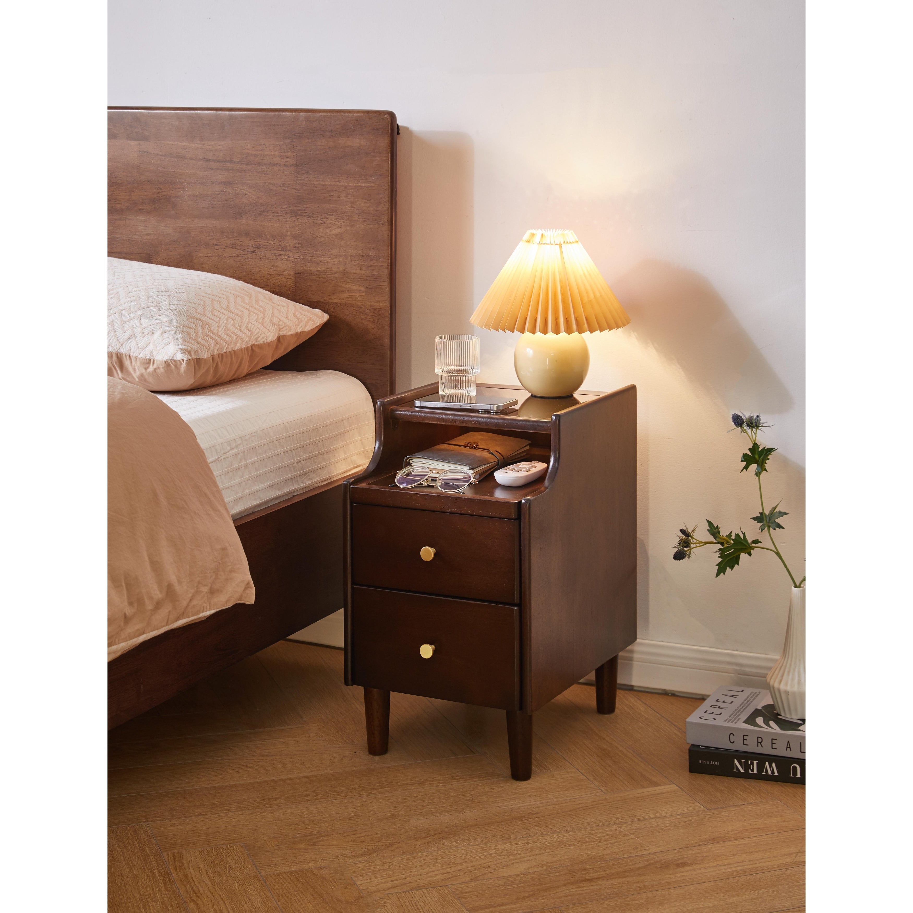 Solid Wood Nightstand With Two Drawers And Pull Out Panel Storage Bedside Table And Sofa Side Table