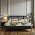 Solid Wood Platform Bed With Upholstered Headboard And Metal Handles Heavy Duty 500 Lbs Support No Box Spring